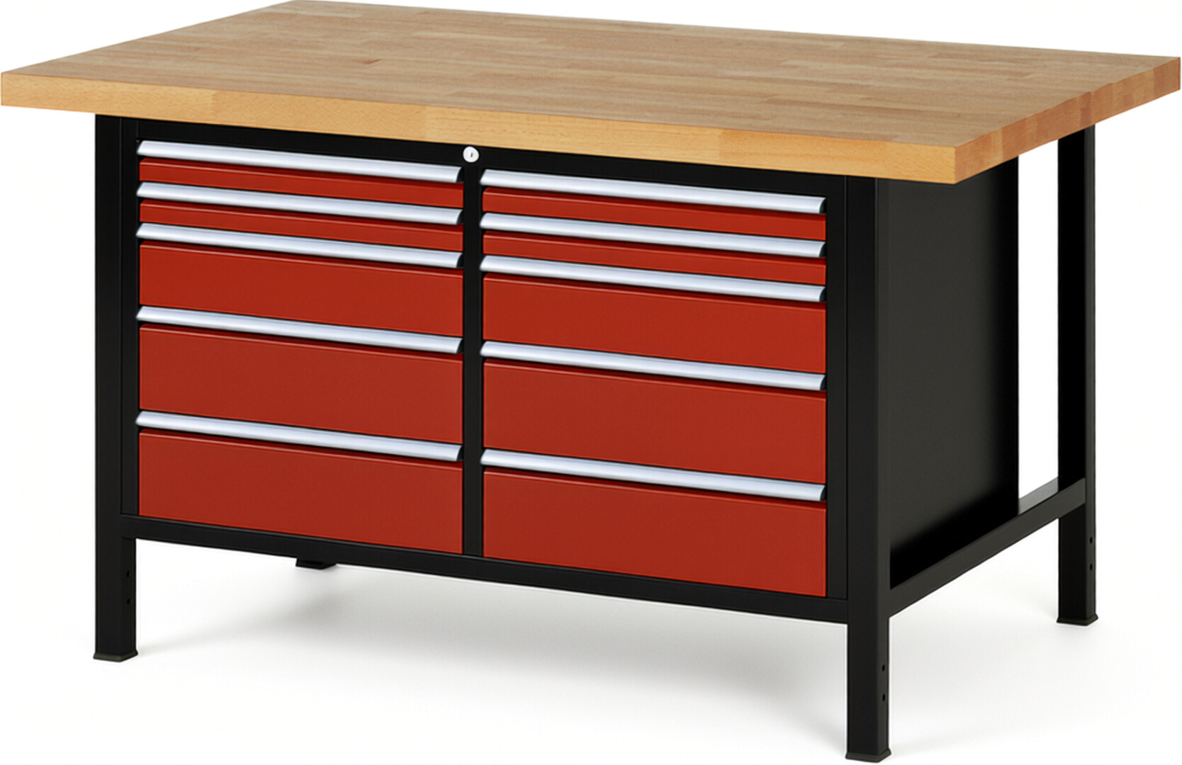 RAU Werkbank schwarz - rot - Breite 150 cm - Tiefe 90 cm - Höhe 84 cm - Buche-Massiv Arbeitsplatte 40 mm