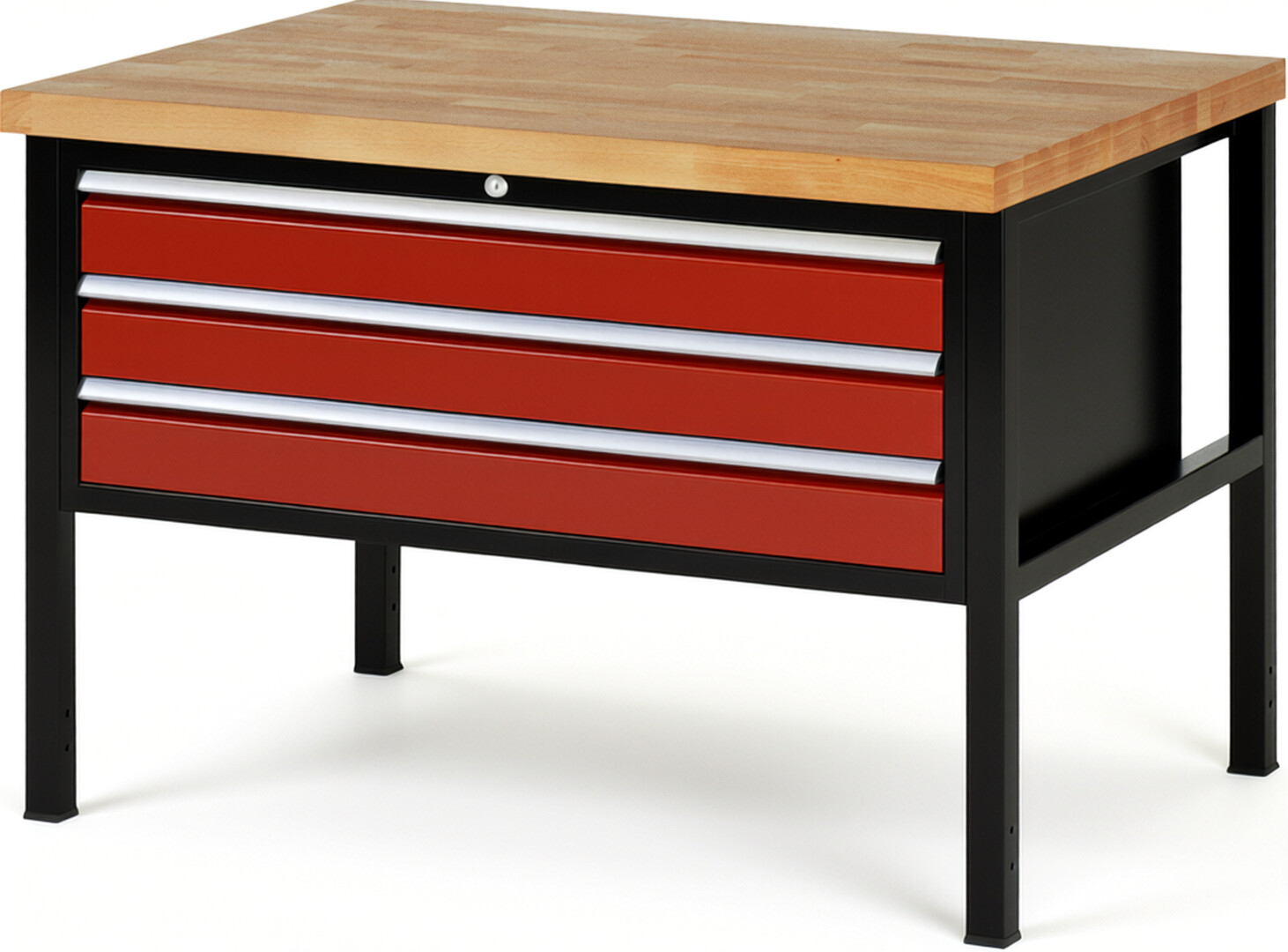 RAU Werkbank schwarz - rot - Breite 125 cm - Tiefe 90 cm - Höhe 84 cm - Buche-Massiv Arbeitsplatte 40 mm