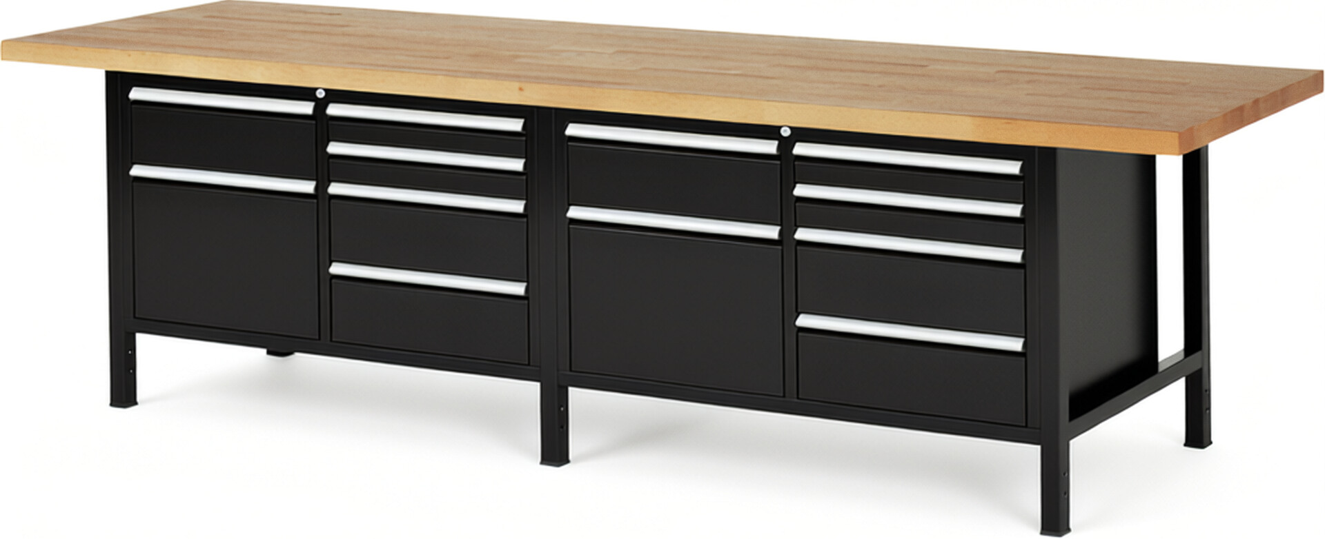 Werkbank Modell 8472 schwarz, BxTxH 3000x900x840 mm,  Buche-Massiv Arbeitsplatte 40 mm,  10 Schubladen mit  Vollauszug 100 % und  SoftClosing