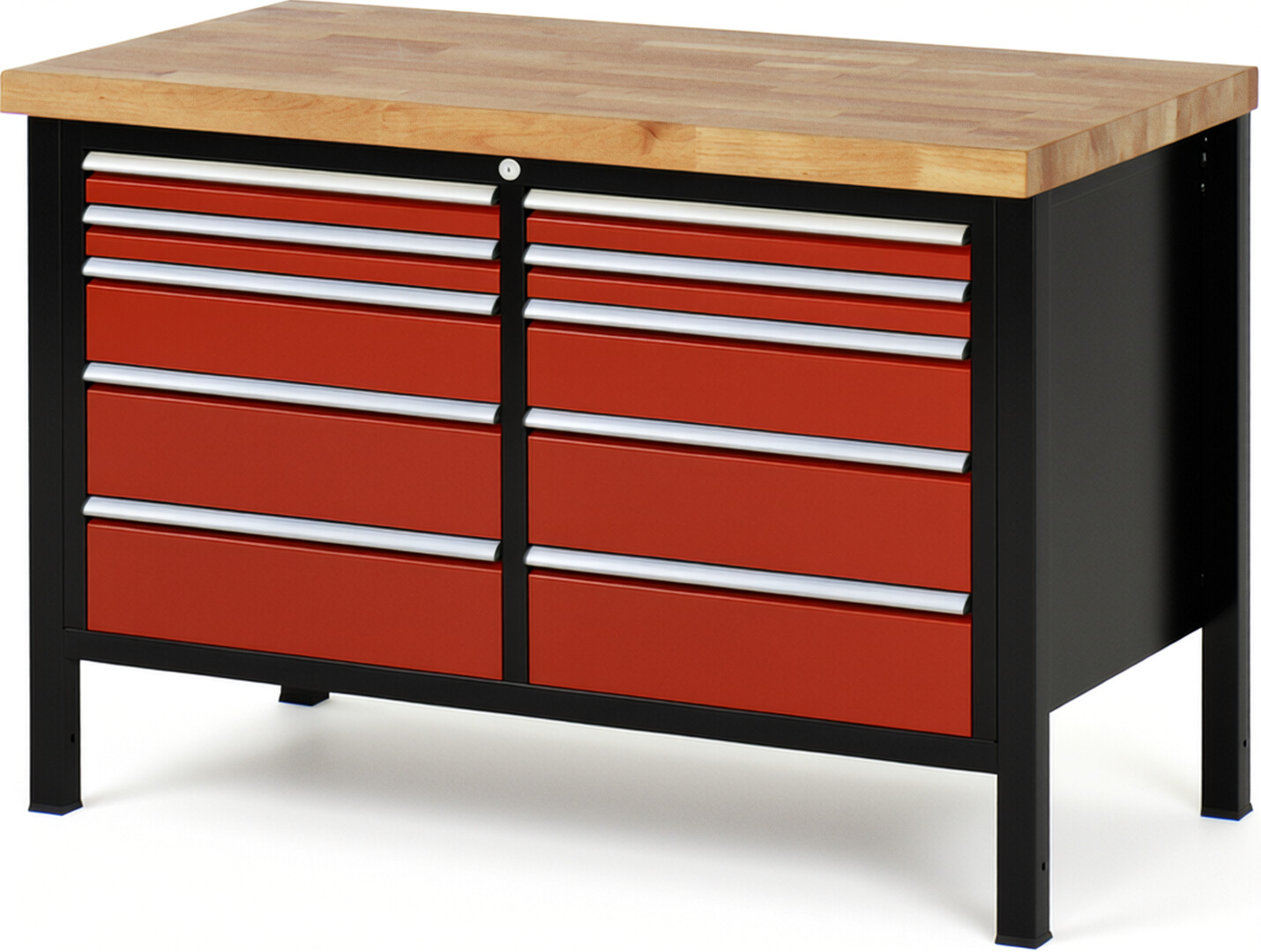 RAU Werkbank schwarz - rot - Breite 125 cm - Tiefe 70 cm - Höhe 104 cm - Buche-Massiv Arbeitsplatte 40 mm