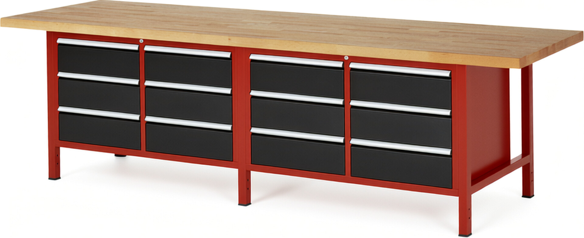 Werkbank Modell 8473 rot - schwarz, BxTxH 3000x900x840 mm,  Buche-Massiv Arbeitsplatte 40 mm,  12 Schubladen mit  Auszug 90 %