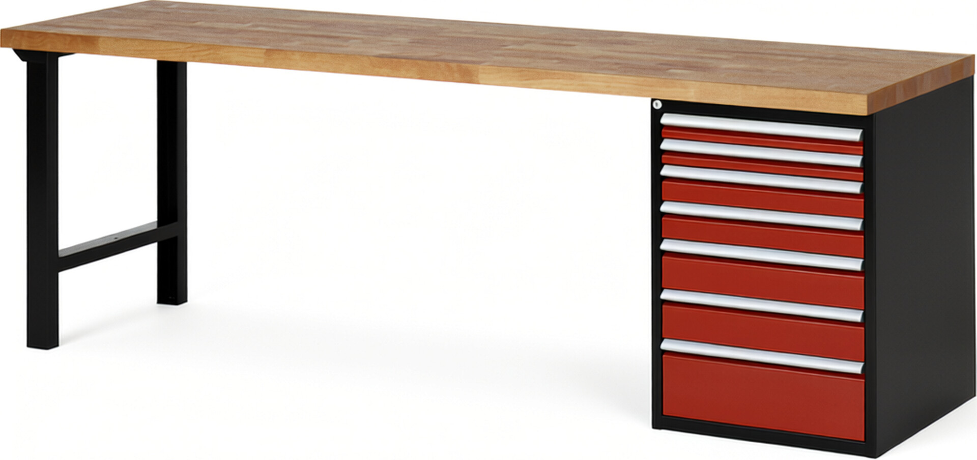 RAU Werkbank schwarz - rot - Breite 250 cm - Tiefe 70 cm - Höhe 89 cm - Buche-Massiv Arbeitsplatte 40 mm