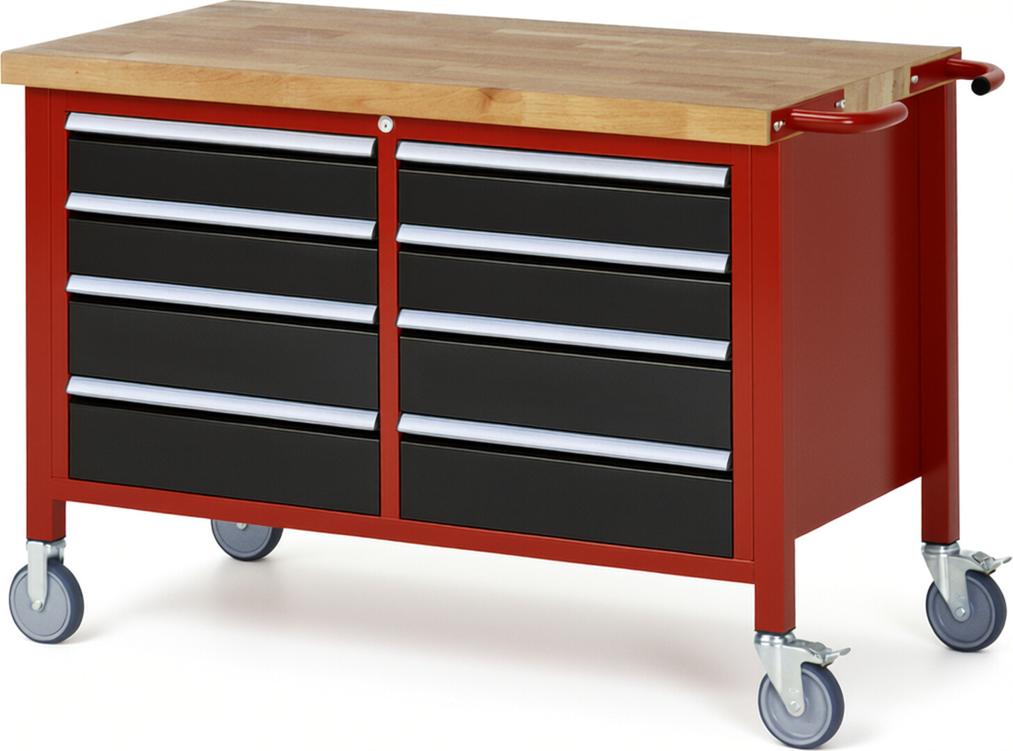 Fahrbare Werkbank Modell 8477 rot - schwarz, BxTxH 1250x700x880 mm,  Buche-Massiv Arbeitsplatte 40 mm,  8 Schubladen mit  Vollauszug 100 % und  SoftClosing