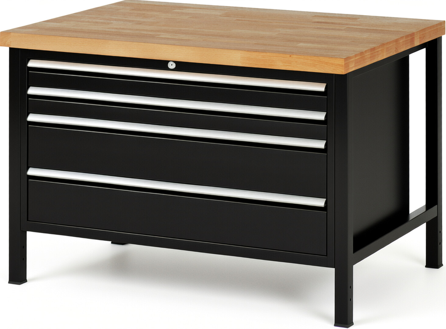 Werkbank Modell 8361 schwarz, BxTxH 1250x900x840-1040 mm,  Buche-Massiv Arbeitsplatte 40 mm,  4 Schubladen mit  Vollauszug 100 % und  SoftClosing