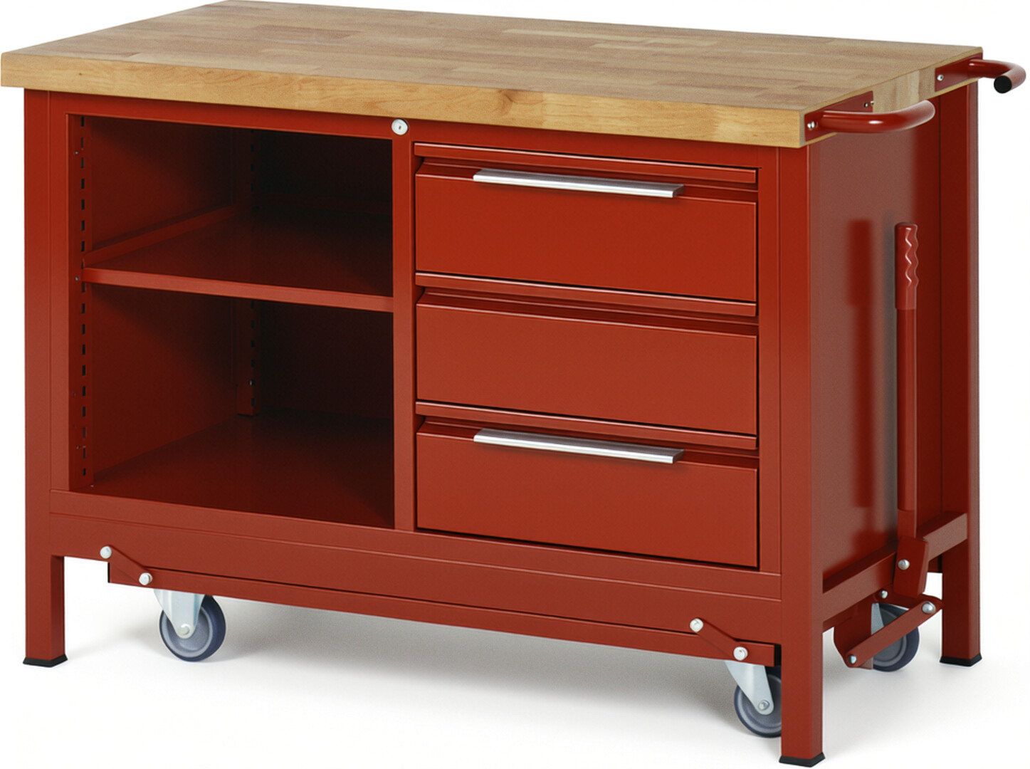 Absenkbare Werkbank - Modell 8462 BASIC rot, BxTxH 1250x700x880 mm,  Buche-Massiv Arbeitsplatte 40 mm,  3 Schubladen mit  Auszug 90 %