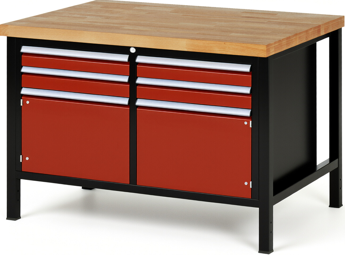 RAU Werkbank schwarz - rot - Breite 125 cm - Tiefe 90 cm - Höhe 104 cm - Buche-Massiv Arbeitsplatte 40 mm