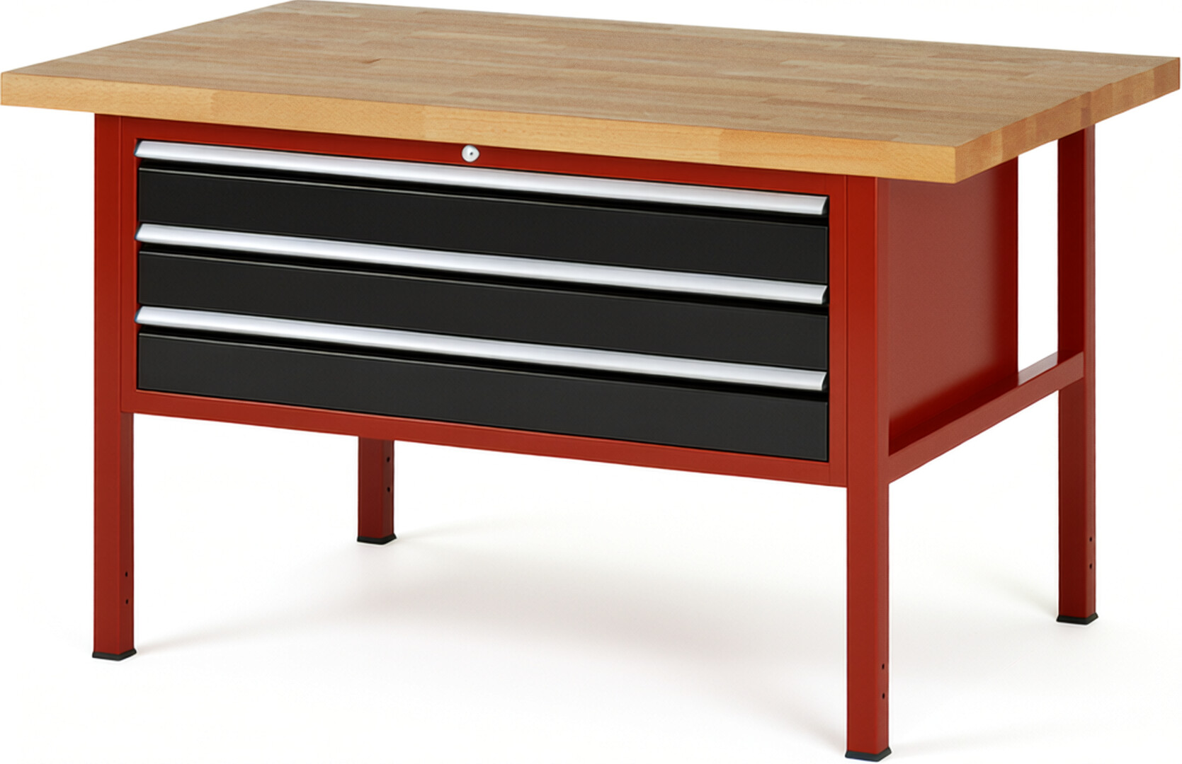 Werkbank Modell 8327 rot - schwarz, BxTxH 1500x900x840-1040 mm,  Buche-Massiv Arbeitsplatte 40 mm,  3 Schubladen mit  Auszug 90 %