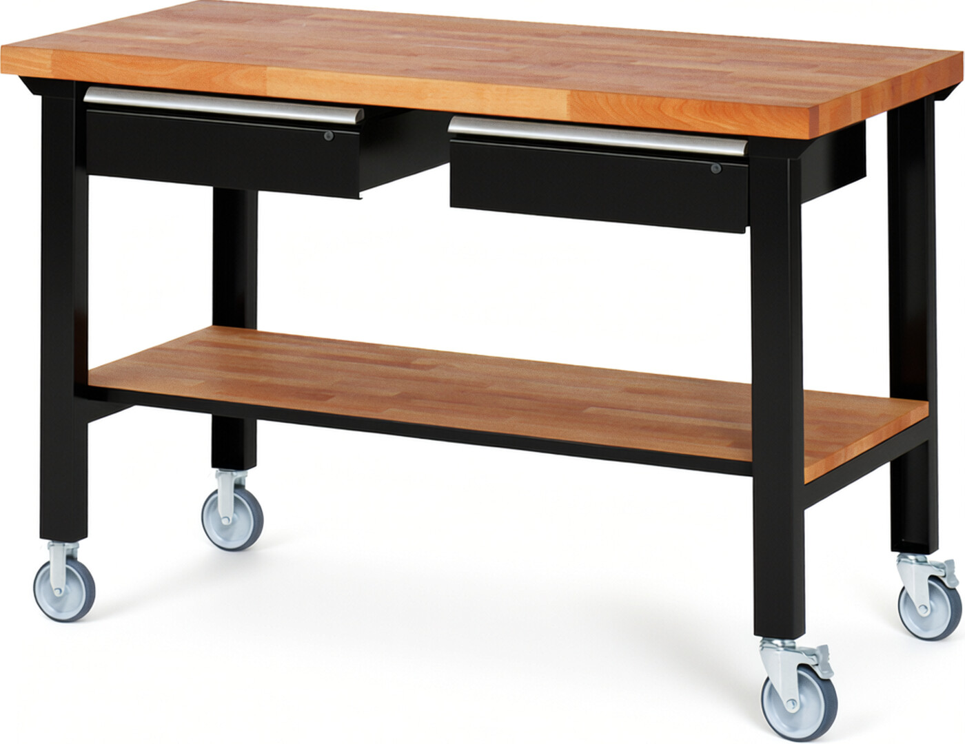 RAU Werkbank schwarz - Breite 150 cm - Tiefe 70 cm - Höhe 100 cm - Buche-Massiv Arbeitsplatte 40 mm