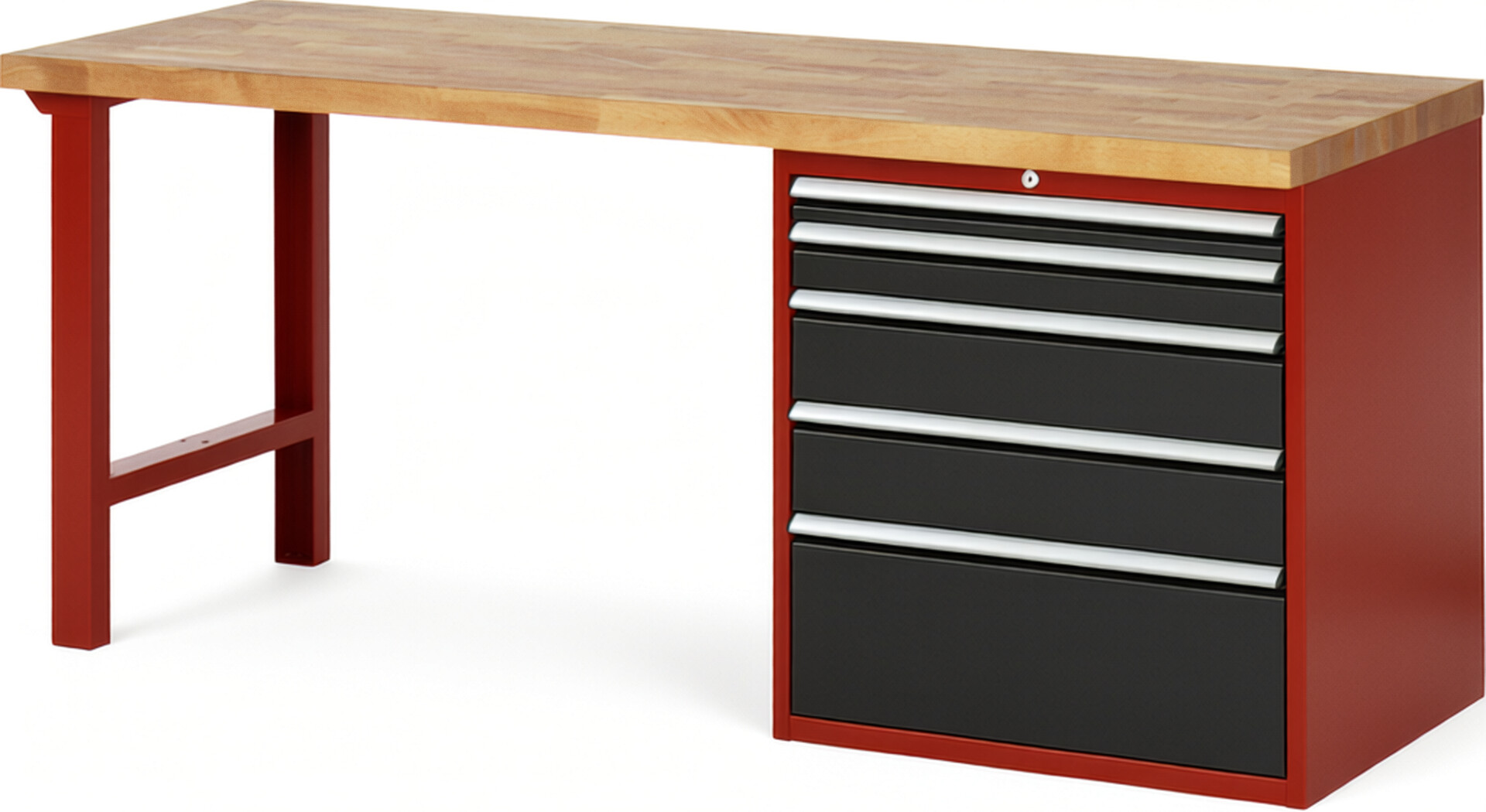 Werkbank Modell 7611 rot - schwarz, BxTxH 2000x700x890 mm,  Buche-Massiv Arbeitsplatte 40 mm,  5 Schubladen mit  Auszug 90 %