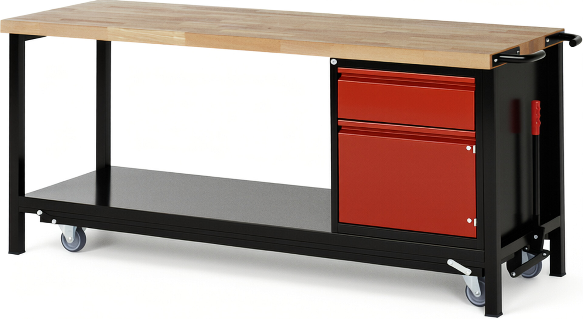 RAU Werkbank schwarz - rot - Breite 200 cm - Tiefe 70 cm - Höhe 88 cm - Buche-Massiv Arbeitsplatte 40 mm
