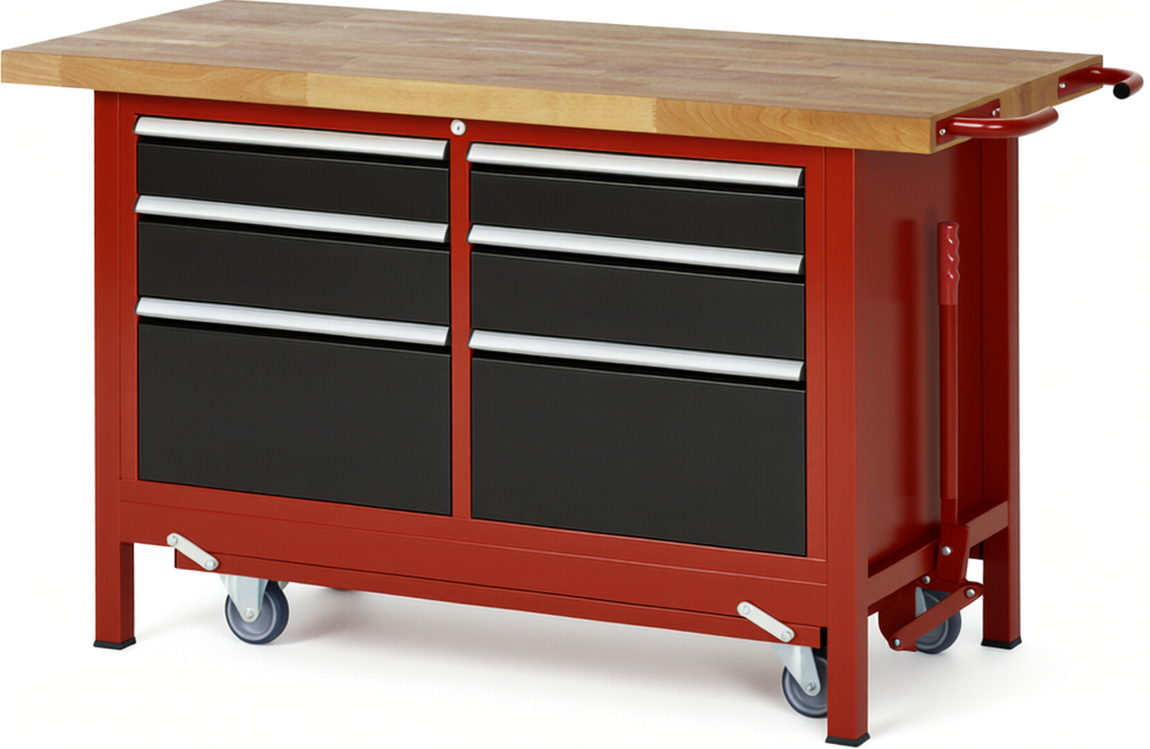 Absenkbare Werkbank Modell 8475 rot - schwarz, BxTxH 1500x700x880 mm,  Buche-Massiv Arbeitsplatte 40 mm,  6 Schubladen mit  Vollauszug 100 % und  SoftClosing