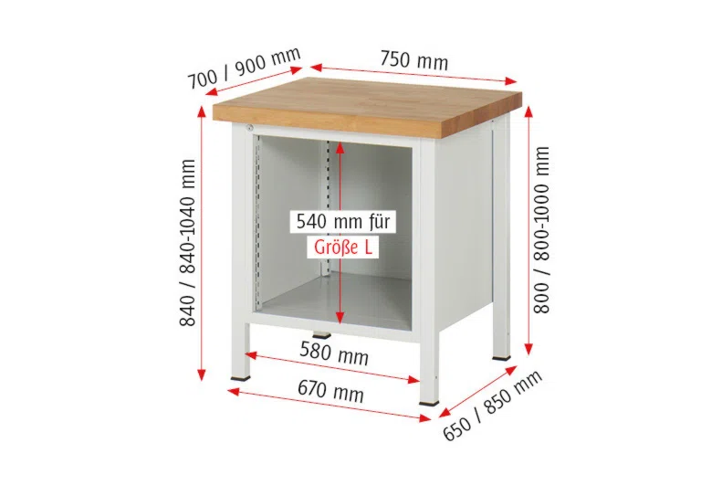 Werkbank Modell 8159 schwarz, BxTxH 750x700x840-1040 mm,  Buche-Massiv Arbeitsplatte 40 mm,  3 Schubladen mit  Auszug 90 %