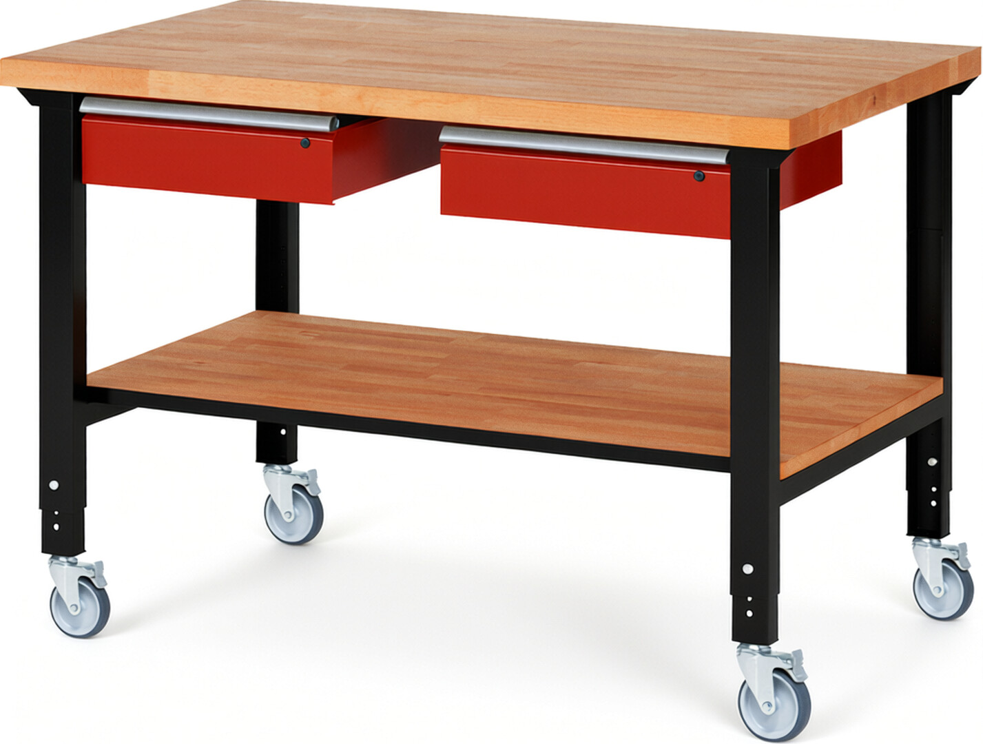 RAU Werkbank schwarz - rot - Breite 150 cm - Tiefe 90 cm - Höhe 100 cm - Buche-Massiv Arbeitsplatte 40 mm