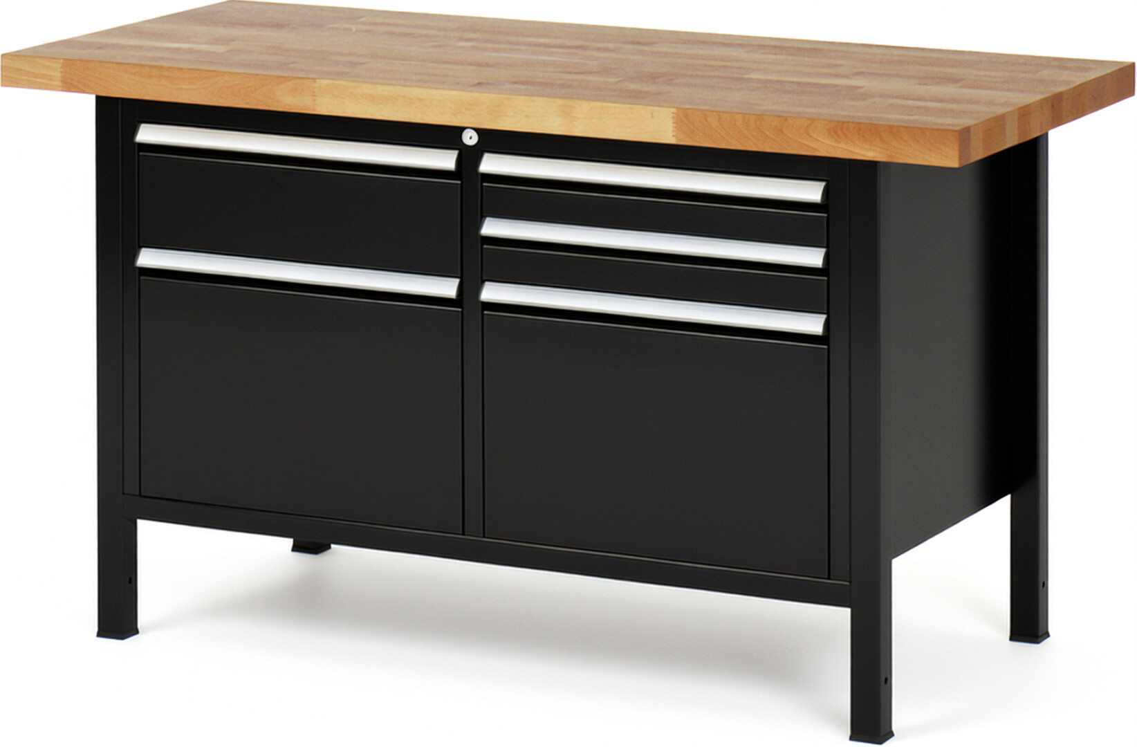 Werkbank Modell 8472 schwarz, BxTxH 1500x700x840-1040 mm,  Buche-Massiv Arbeitsplatte 40 mm,  5 Schubladen mit  Auszug 90 %