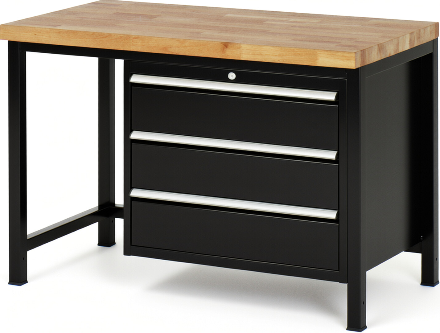 Werkbank Modell 8257 schwarz, BxTxH 1250x700x840-1040 mm,  Buche-Massiv Arbeitsplatte 40 mm,  3 Schubladen mit  Vollauszug 100 % und  SoftClosing