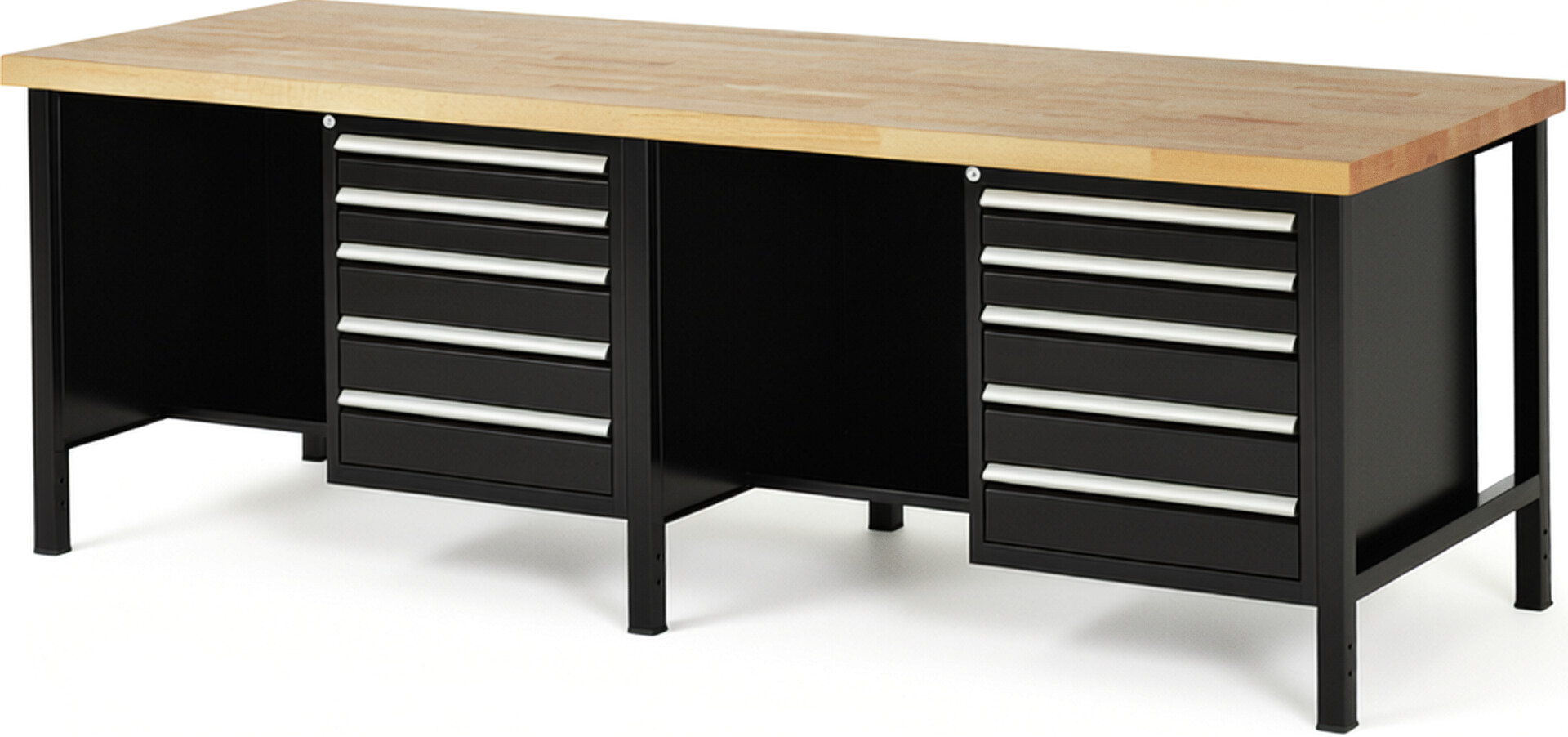 Werkbank Modell 8454 schwarz, BxTxH 2500x900x840-1040 mm,  Buche-Massiv Arbeitsplatte 40 mm,  10 Schubladen mit  Vollauszug 100 % und  SoftClosing