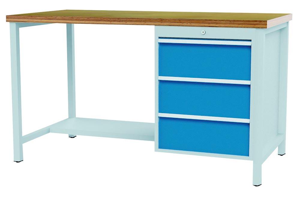 Kastenwerkbank, 1 Schubladenblock, 3 Schubladen: 3x200  mm Zylinderschloss,1 Boden, Buche Multiplexpl.40 mm BxTxH 1500x750x959 mm RAL 7035/5012