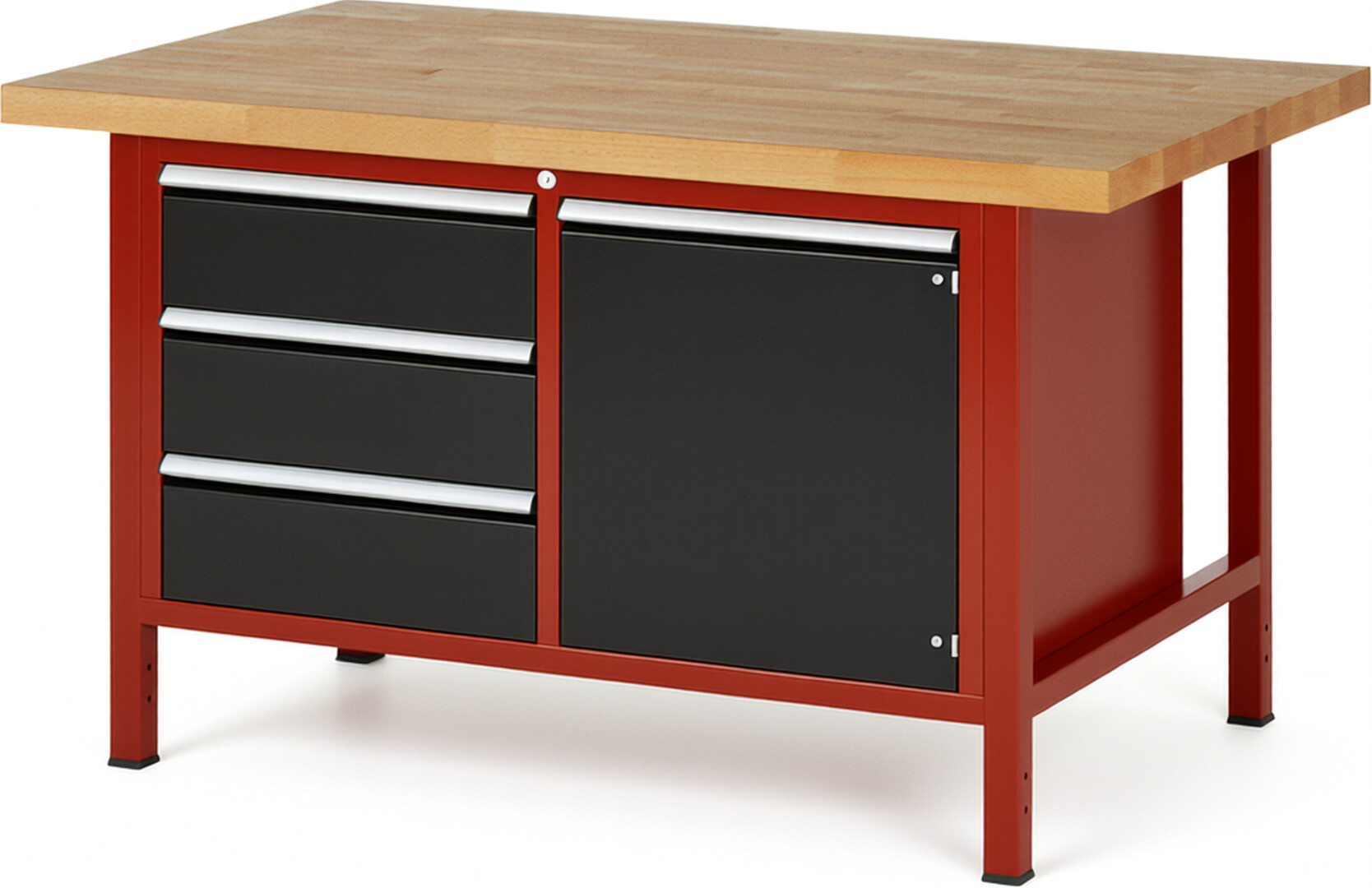 Werkbank Modell 8468 rot - schwarz, BxTxH 1500x900x840-1040 mm,  Buche-Massiv Arbeitsplatte 40 mm,  3 Schubladen mit  Vollauszug 100 % und  SoftClosing