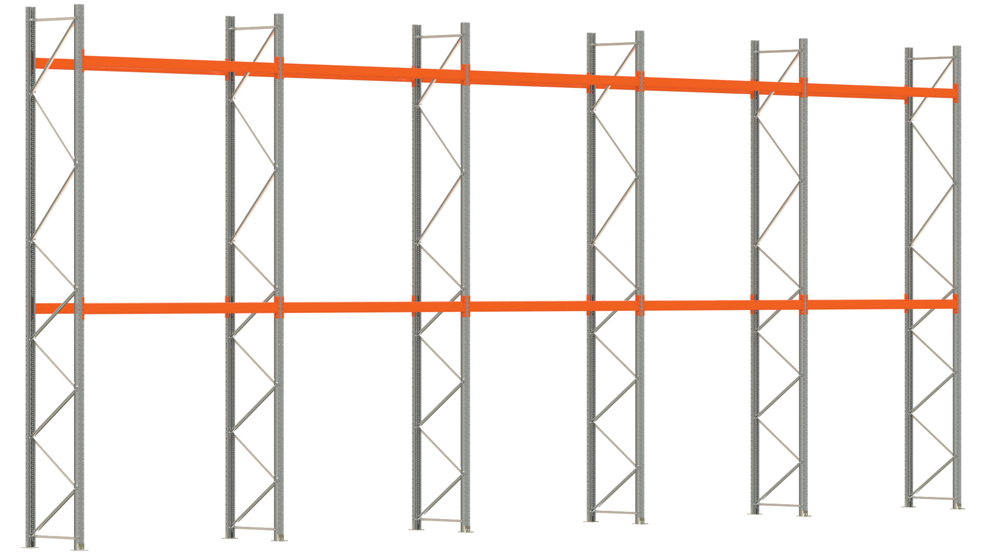 Palettenregal ARTUS - Breite 1401 cm - Höhe 550 cm - Tiefe 80 cm - 2 Träger-Ebenen - max. Fachlast 2100 kg - 30 Palettenstellplätze