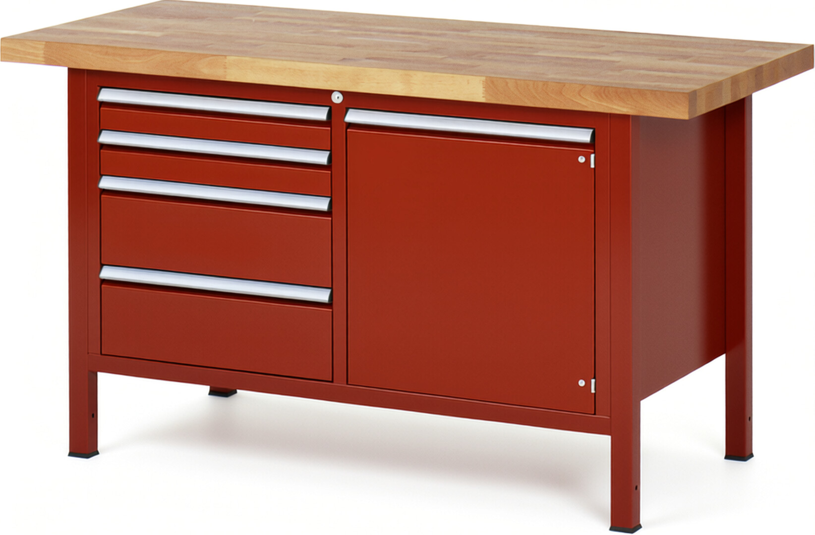 Werkbank Modell 8470 rot, BxTxH 1500x700x840-1040 mm,  Buche-Massiv Arbeitsplatte 40 mm,  4 Schubladen mit  Auszug 90 %