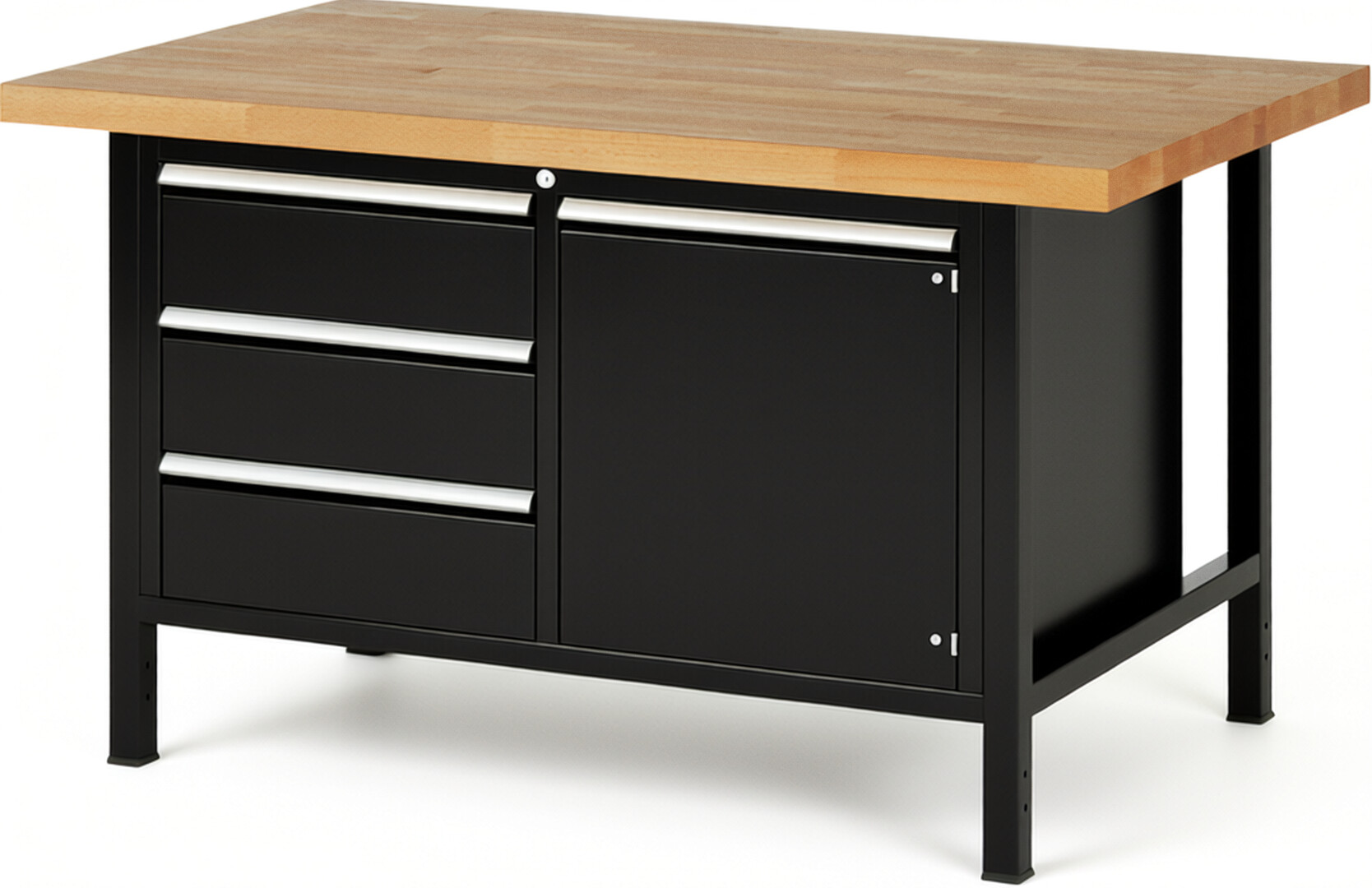 Werkbank Modell 8468 schwarz, BxTxH 1500x900x840-1040 mm,  Buche-Massiv Arbeitsplatte 40 mm,  3 Schubladen mit  Vollauszug 100 % und  SoftClosing
