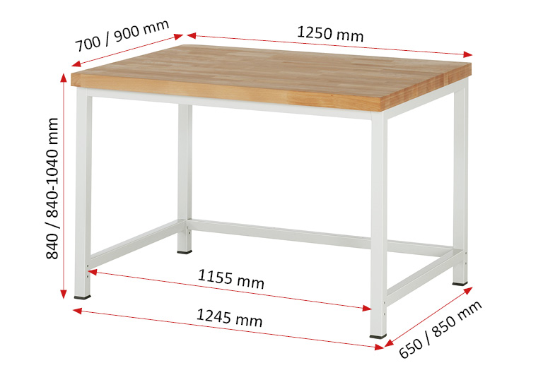 Werkbank Modell 8000 rot, BxTxH 1250x700x840-1040 mm,  Buche-Massiv Arbeitsplatte 40 mm