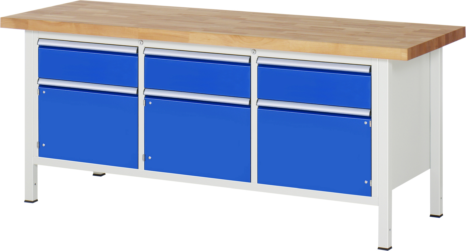 Werkbank Modell 8567 rot, BxTxH 2000x700x840-1040 mm,  Buche-Massiv Arbeitsplatte 40 mm,  3 Schubladen mit  Auszug 90 %