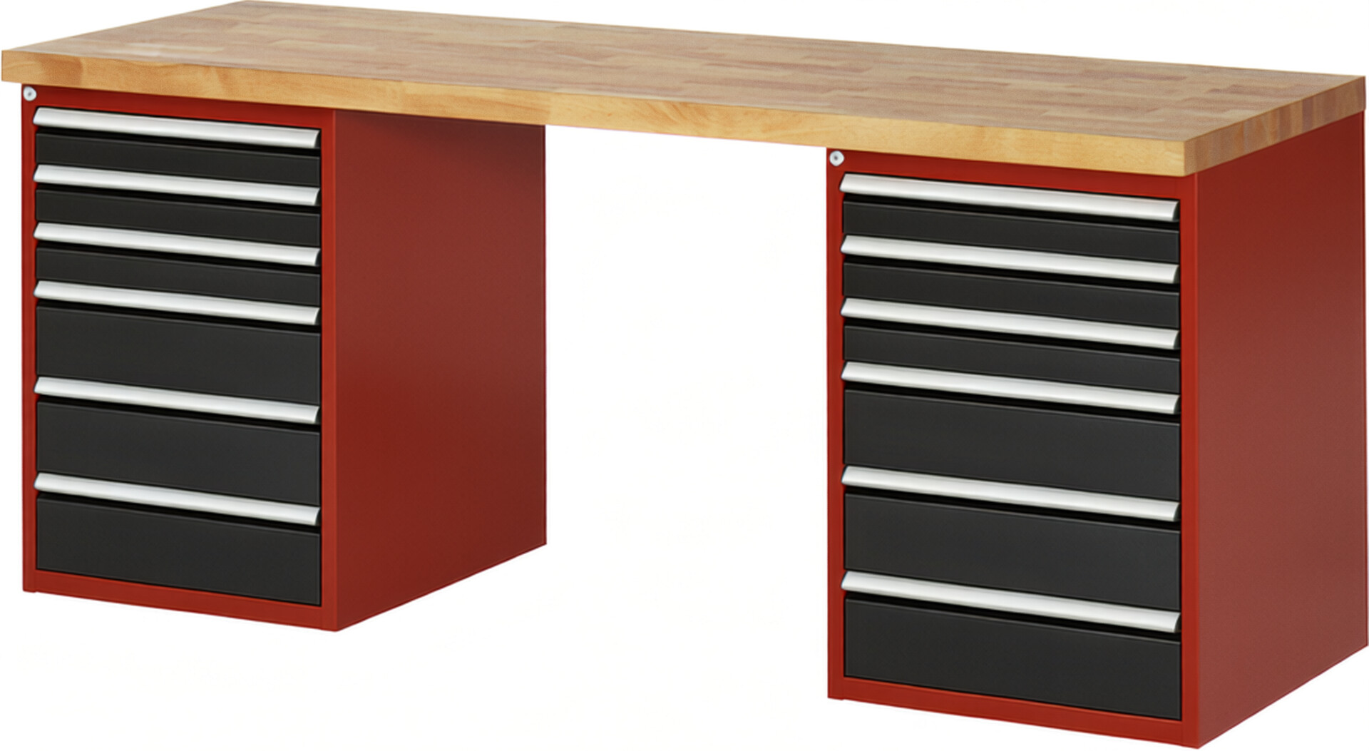 Werkbank Modell 7515 rot - schwarz, BxTxH 2000x700x890 mm,  Buche-Massiv Arbeitsplatte 40 mm,  12 Schubladen mit  Vollauszug 100 % und  SoftClosing