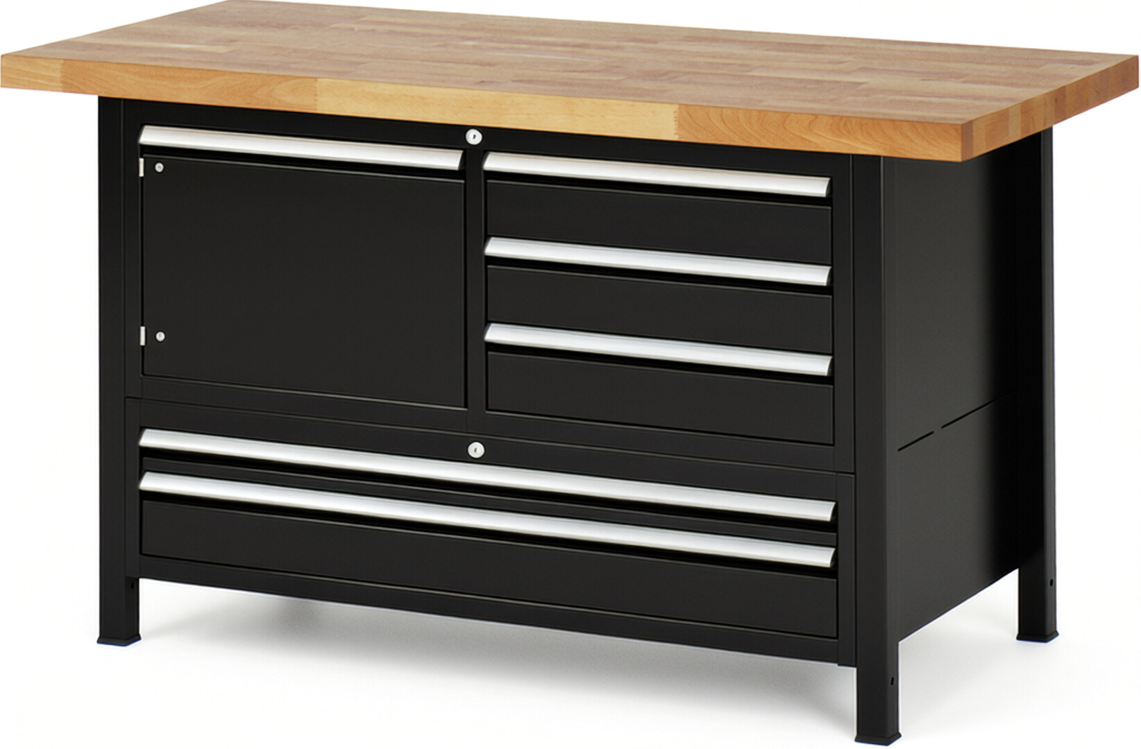 RAU Werkbank schwarz - Breite 150 cm - Tiefe 70 cm - Höhe 84 cm - Buche-Massiv Arbeitsplatte 40 mm