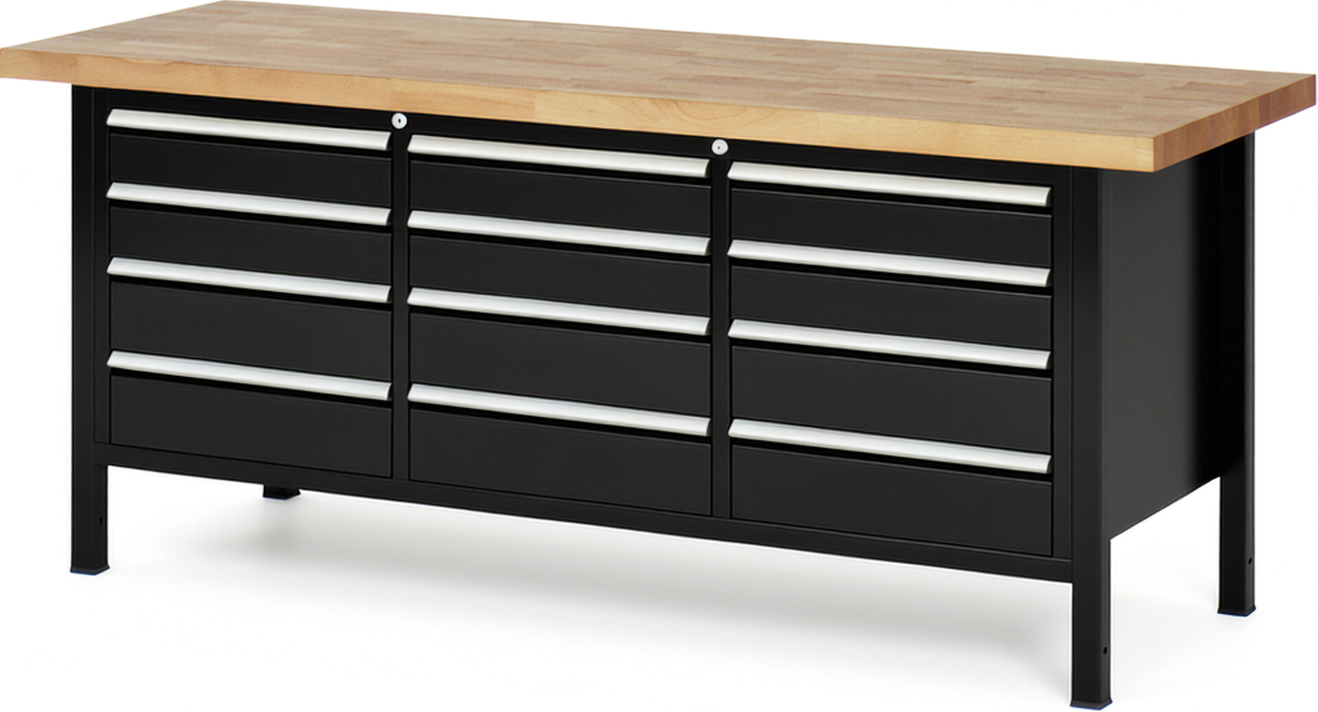Werkbank Modell 8579 schwarz, BxTxH 2000x700x840-1040 mm,  Buche-Massiv Arbeitsplatte 40 mm,  12 Schubladen mit  Auszug 90 %