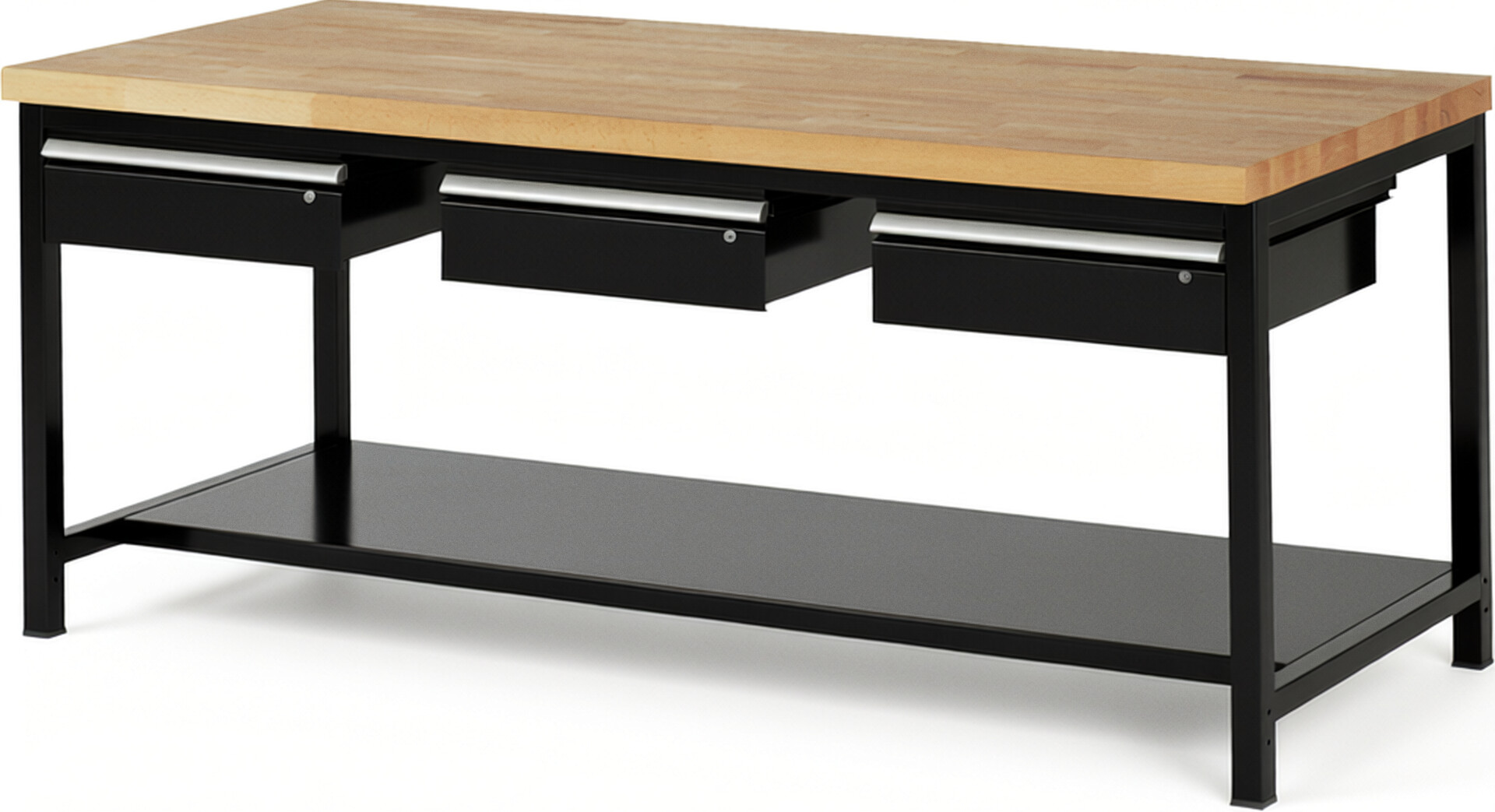 Werkbank Modell 8003 schwarz, BxTxH 2000x900x840-1040 mm,  Buche-Massiv Arbeitsplatte 40 mm,  3 Schubladen mit  Auszug 90 %