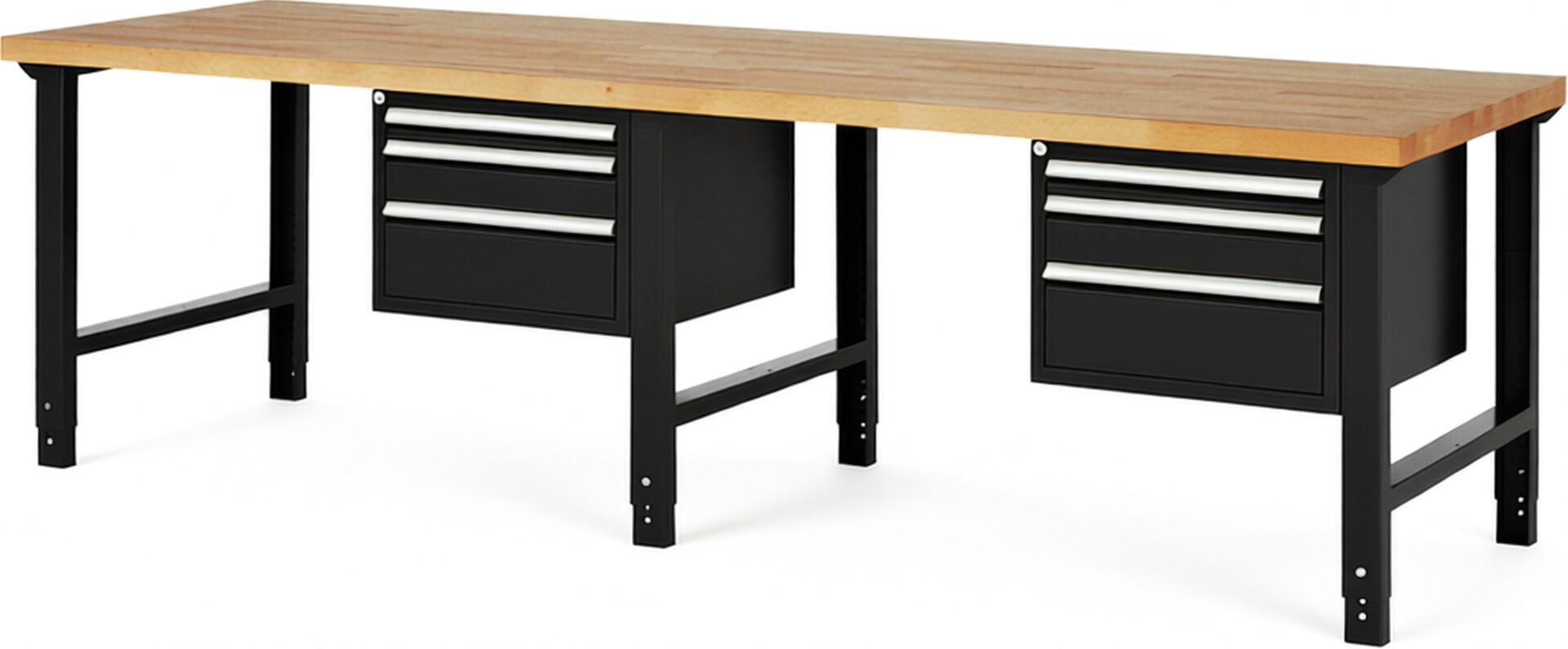 Werkbank Modell 7126 schwarz, BxTxH 3000x900x790-1140 mm,  Buche-Massiv Arbeitsplatte 40 mm,  6 Schubladen mit  Auszug 90 %