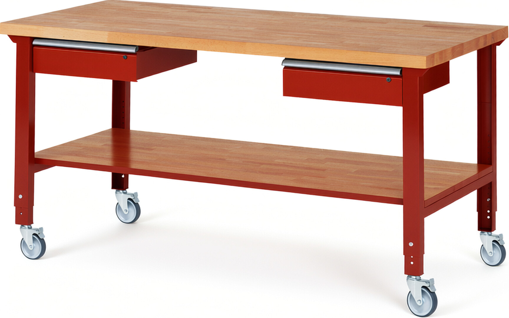 Fahrbare Werkbank Modell 7002 rot, BxTxH 2000x900x950-1000 mm,  Buche-Massiv Arbeitsplatte 40 mm,  2 Schubladen mit  Auszug 90 %