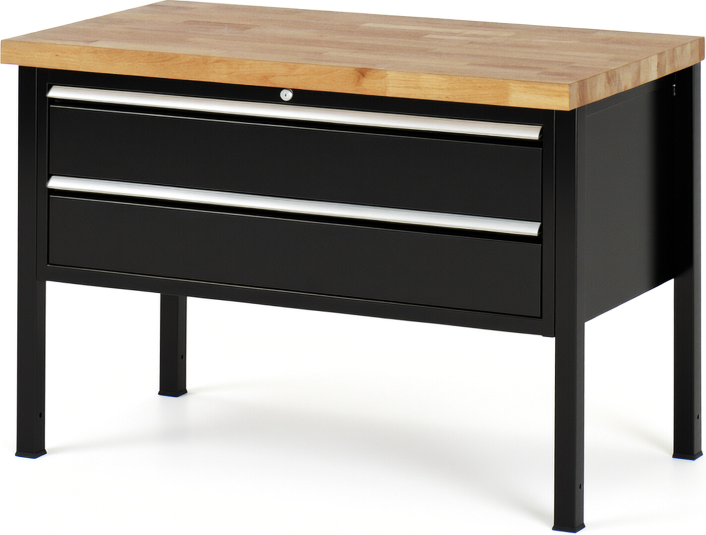 Werkbank Modell 8325 schwarz, BxTxH 1250x700x840-1040 mm,  Buche-Massiv Arbeitsplatte 40 mm,  2 Schubladen mit  Auszug 90 %