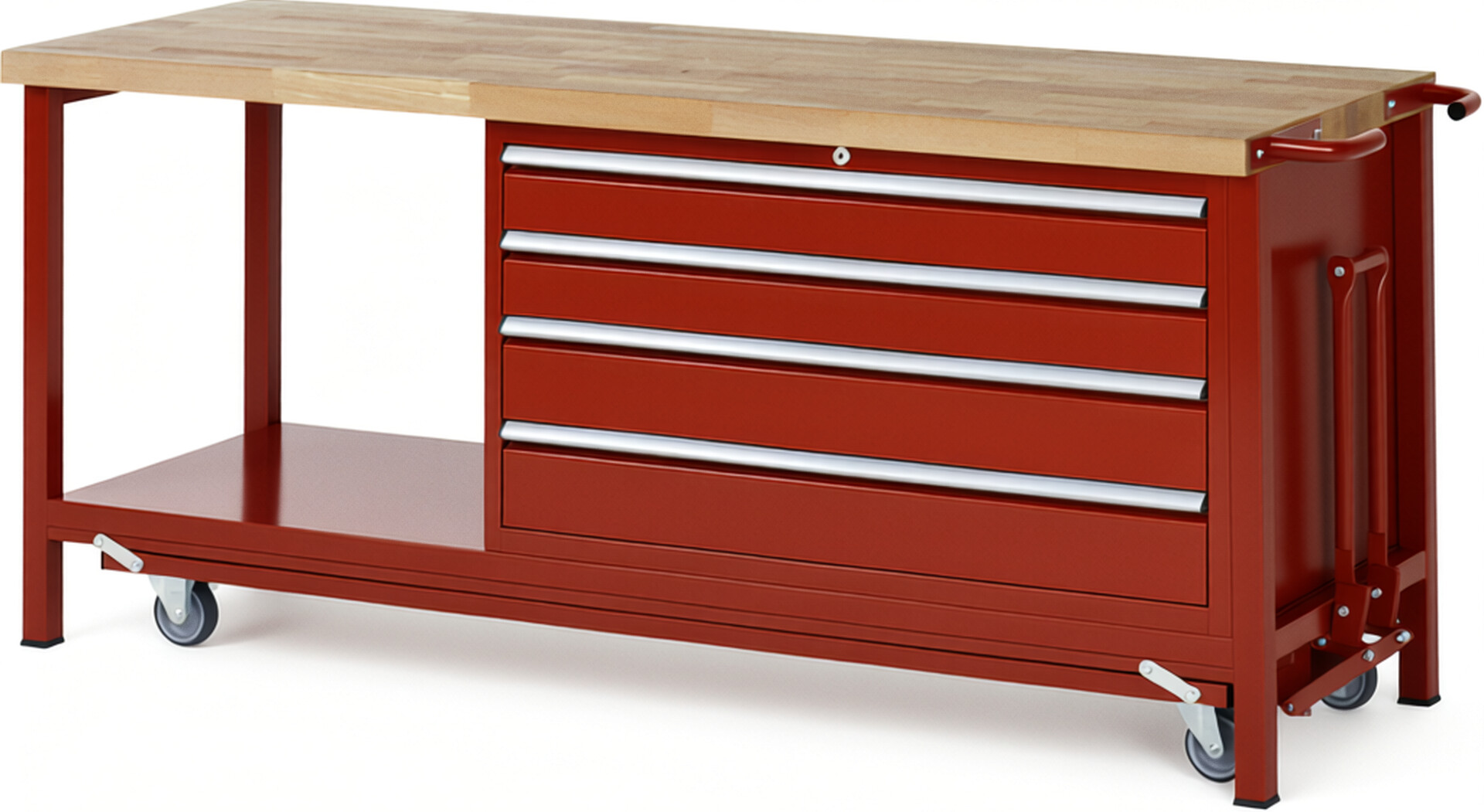 Absenkbare Werkbank Modell 8362 rot, BxTxH 2000x700x880 mm,  Buche-Massiv Arbeitsplatte 40 mm,  4 Schubladen mit  Auszug 90 %