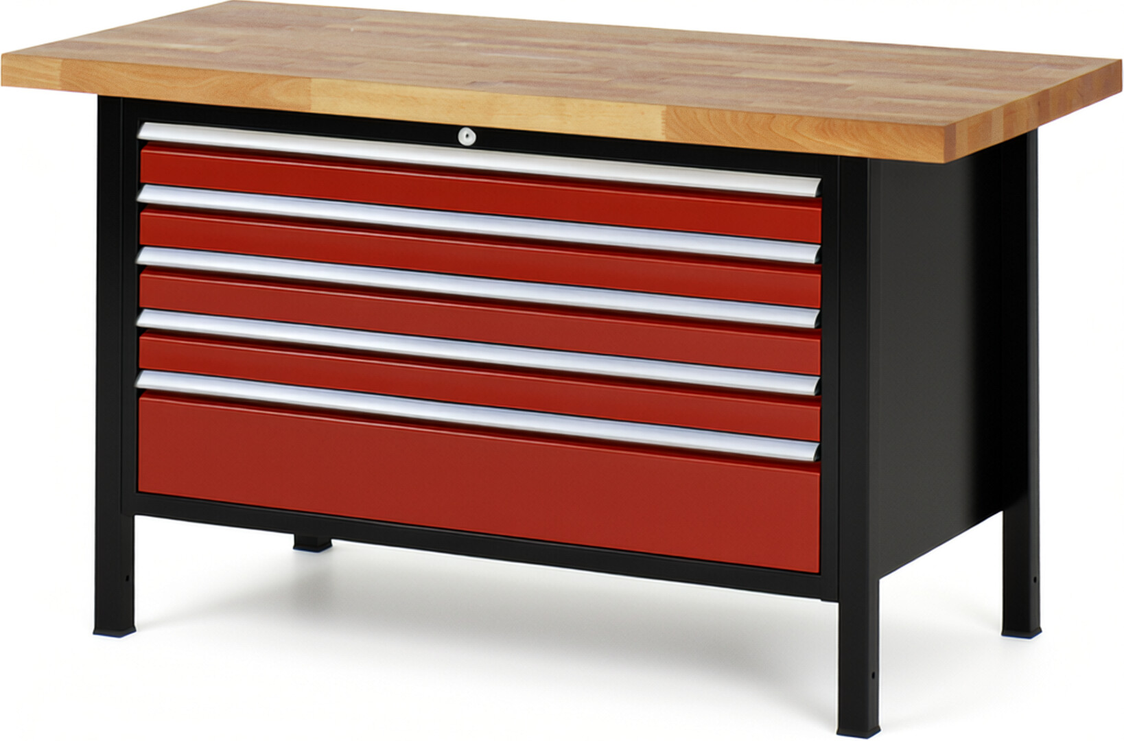 RAU Werkbank schwarz - rot - Breite 150 cm - Tiefe 70 cm - Höhe 104 cm - Buche-Massiv Arbeitsplatte 40 mm