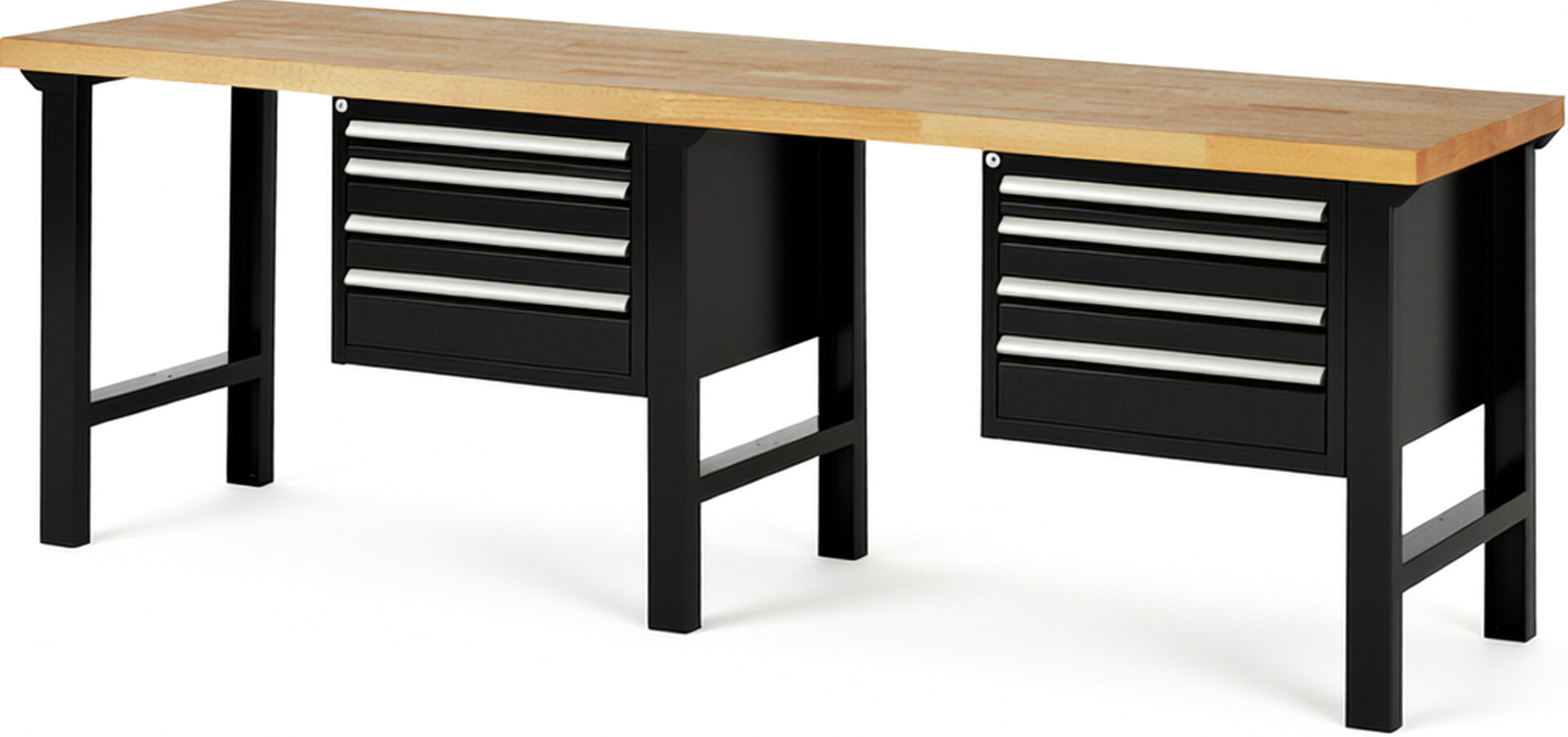 Werkbank Modell 7132 schwarz, BxTxH 2500x700x840 mm,  Buche-Massiv Arbeitsplatte 40 mm,  8 Schubladen mit  Auszug 90 %