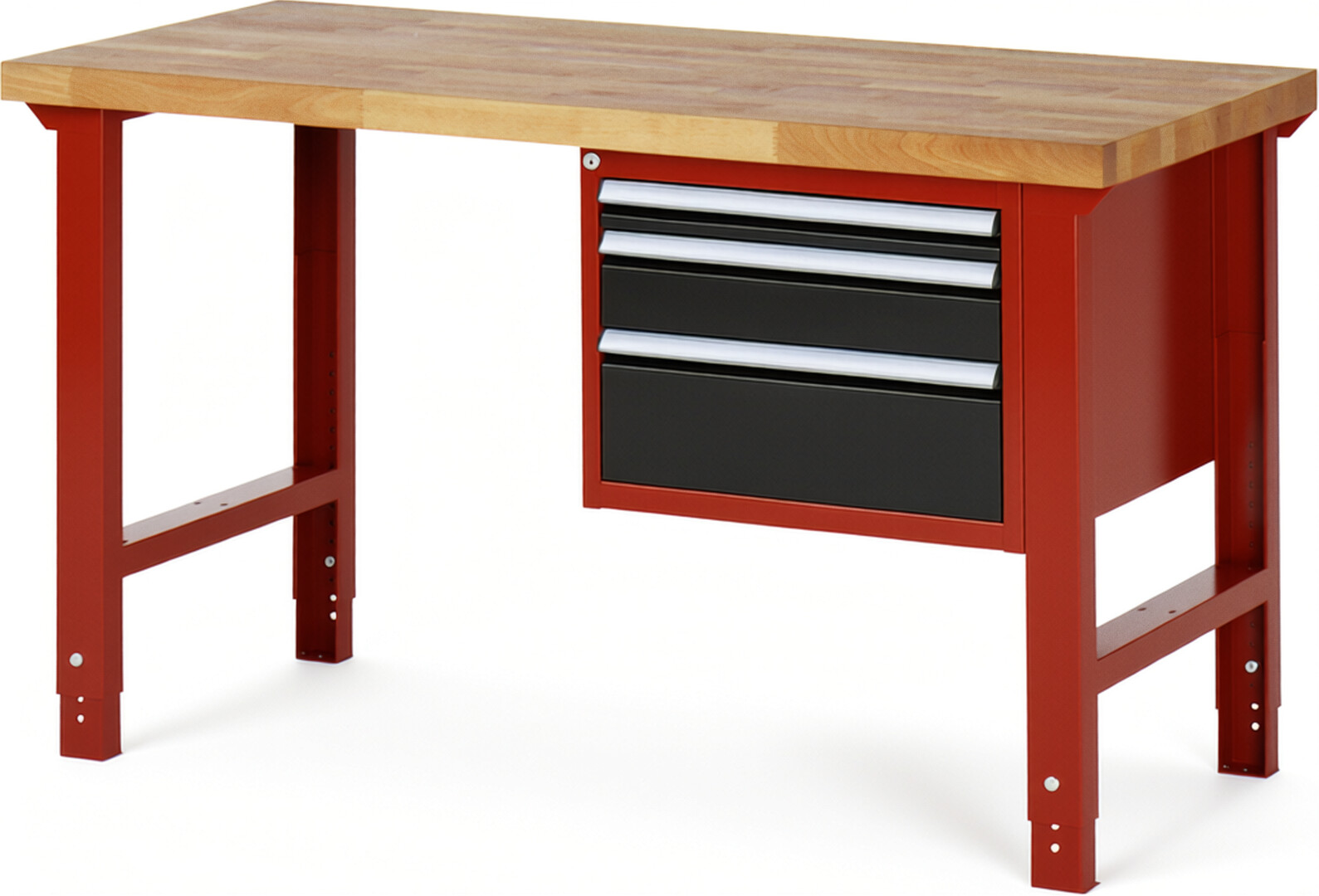 Werkbank Modell 7126 rot - schwarz, BxTxH 1500x700x790-1140 mm,  Buche-Massiv Arbeitsplatte 40 mm,  3 Schubladen mit  Auszug 90 %