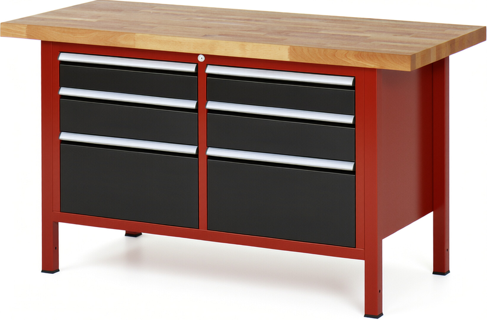 RAU Werkbank rot - schwarz - Breite 150 cm - Tiefe 70 cm - Höhe 84 cm - Buche-Massiv Arbeitsplatte 40 mm