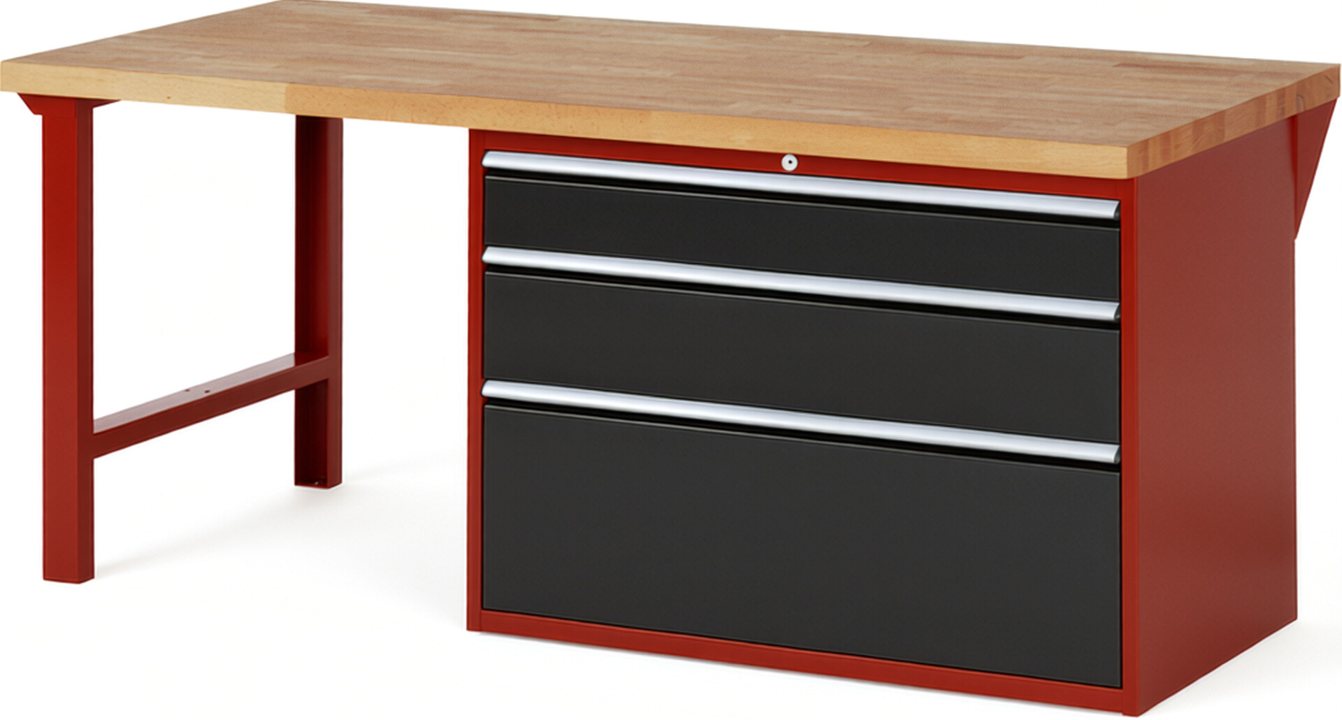 Werkbank Modell 7708 rot - schwarz, BxTxH 2000x900x840 mm,  Buche-Massiv Arbeitsplatte 40 mm,  3 Schubladen mit  Auszug 90 %