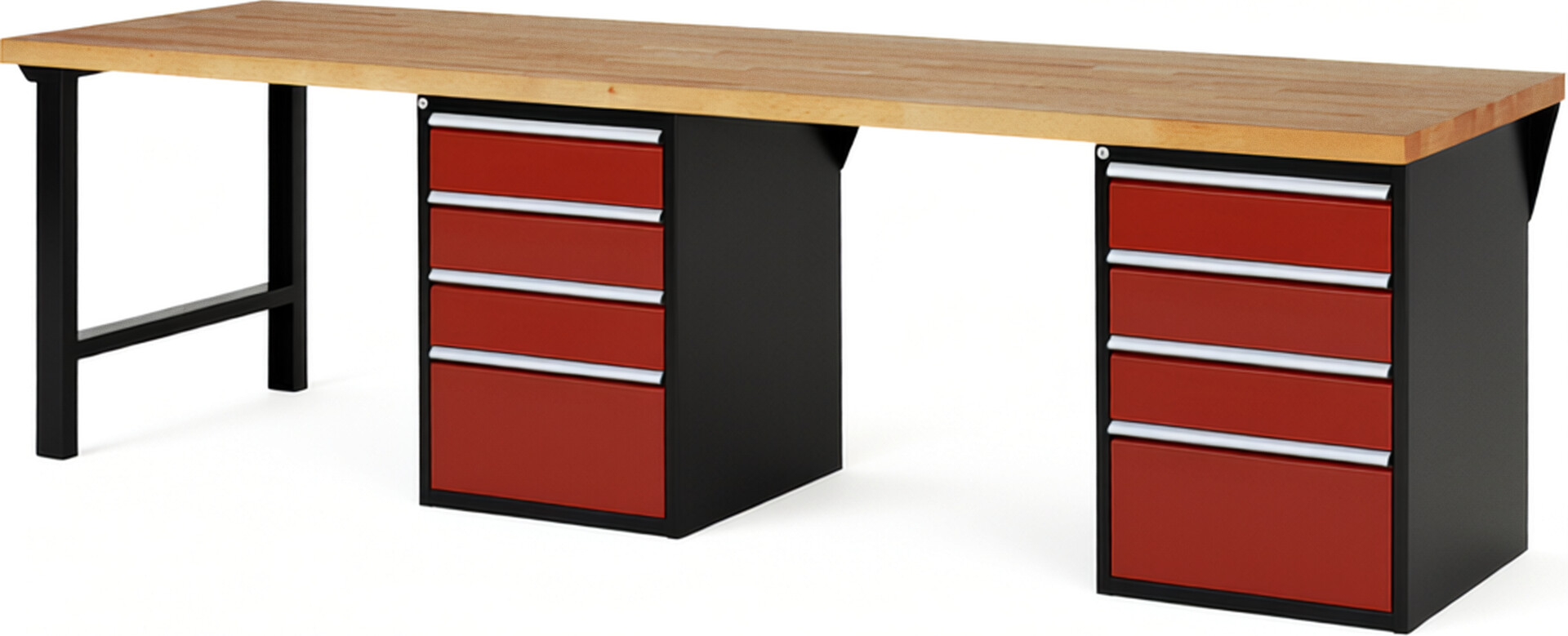 RAU Werkbank schwarz - rot - Breite 300 cm - Tiefe 90 cm - Höhe 89 cm - Buche-Massiv Arbeitsplatte 40 mm