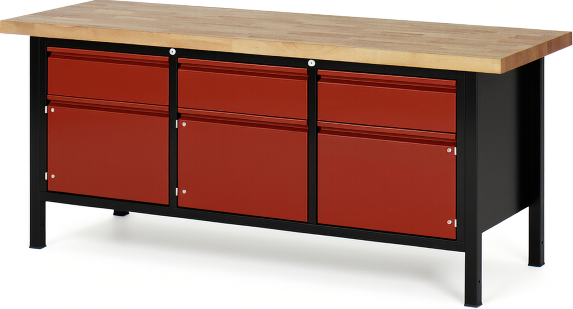 RAU Werkbank schwarz - rot - Breite 200 cm - Tiefe 70 cm - Höhe 104 cm - Buche-Massiv Arbeitsplatte 40 mm