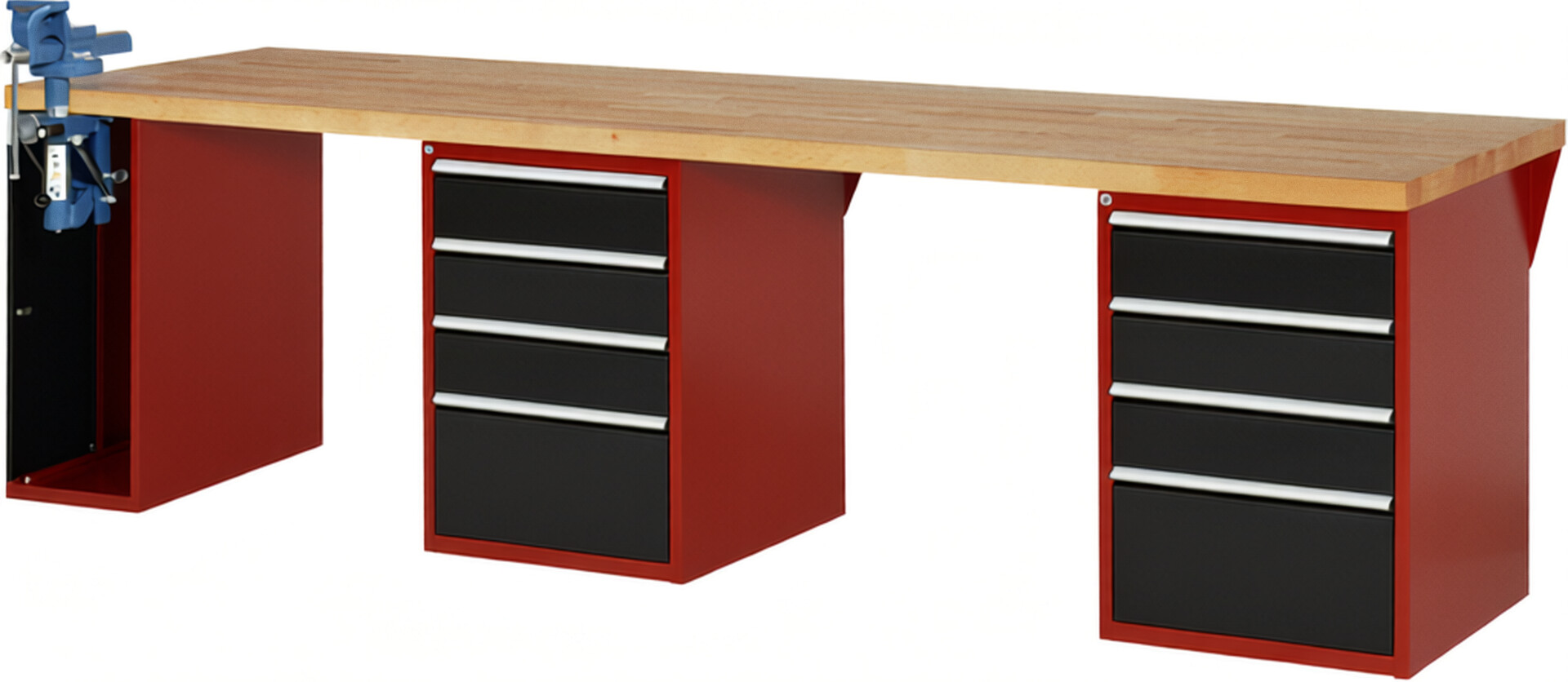 Werkbank Modell 7510 rot - schwarz, BxTxH 3000x900x840 mm,  Buche-Massiv Arbeitsplatte 40 mm,  8 Schubladen mit  Auszug 90 %