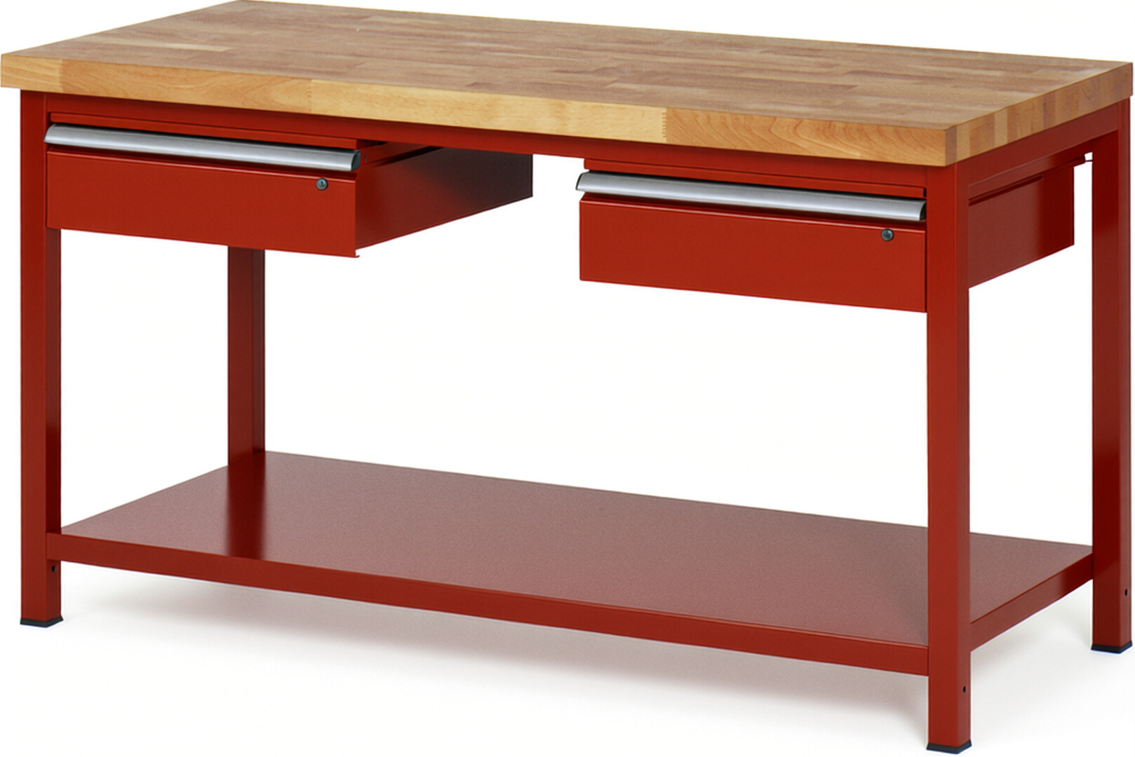 Werkbank Modell 8002 rot, BxTxH 1500x700x840 mm,  Buche-Massiv Arbeitsplatte 40 mm,  2 Schubladen mit  Auszug 90 %