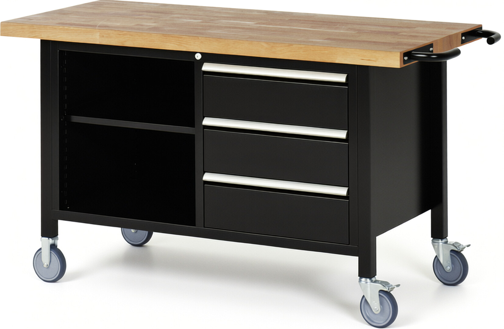 Fahrbare Werkbank Modell 8462 schwarz, BxTxH 1500x700x880 mm,  Buche-Massiv Arbeitsplatte 40 mm,  3 Schubladen mit  Auszug 90 %