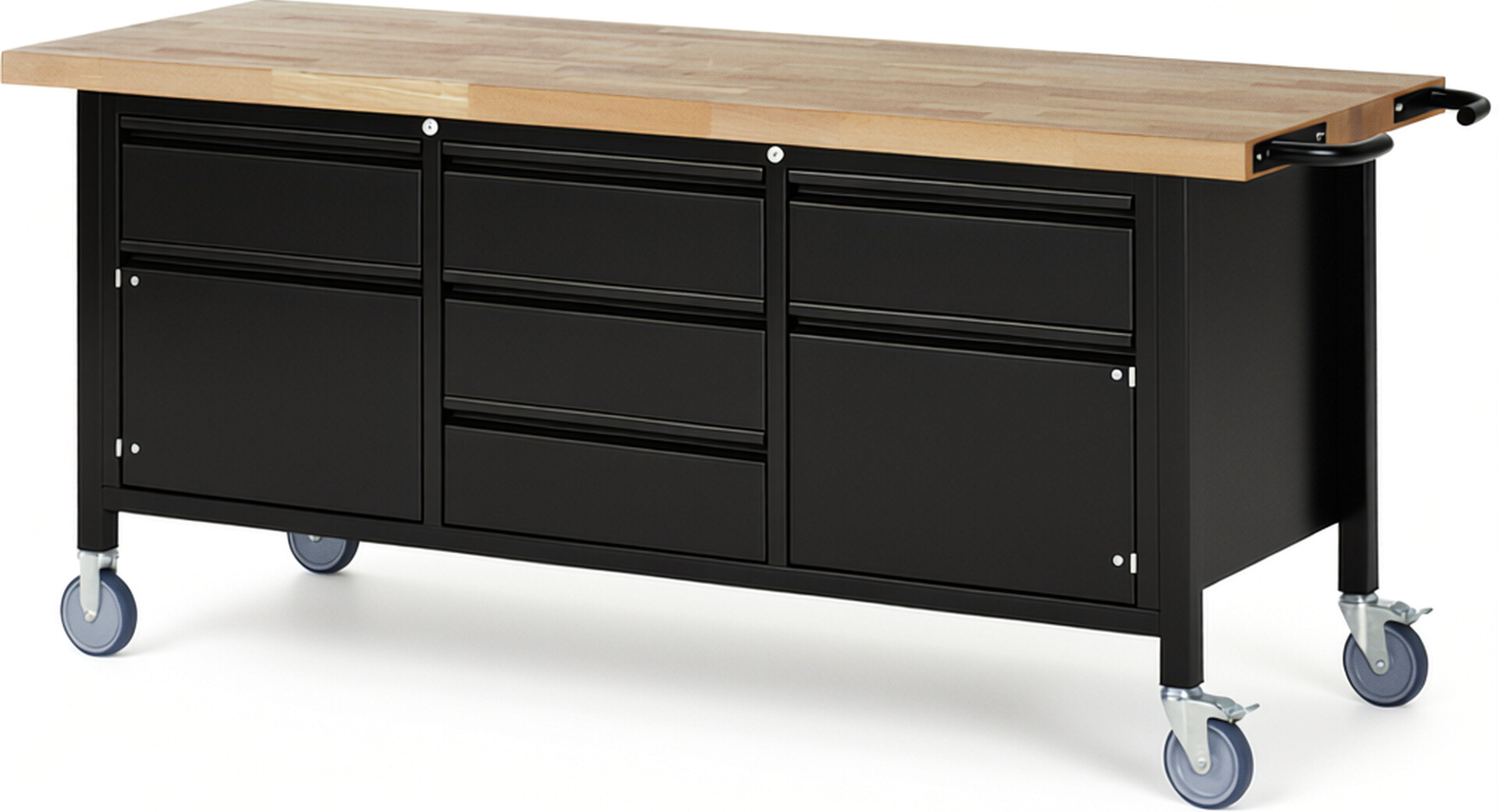 Fahrbare Werkbank - Modell 8568 BASIC schwarz, BxTxH 2000x700x880 mm,  Buche-Massiv Arbeitsplatte 40 mm,  5 Schubladen mit  Auszug 90 %