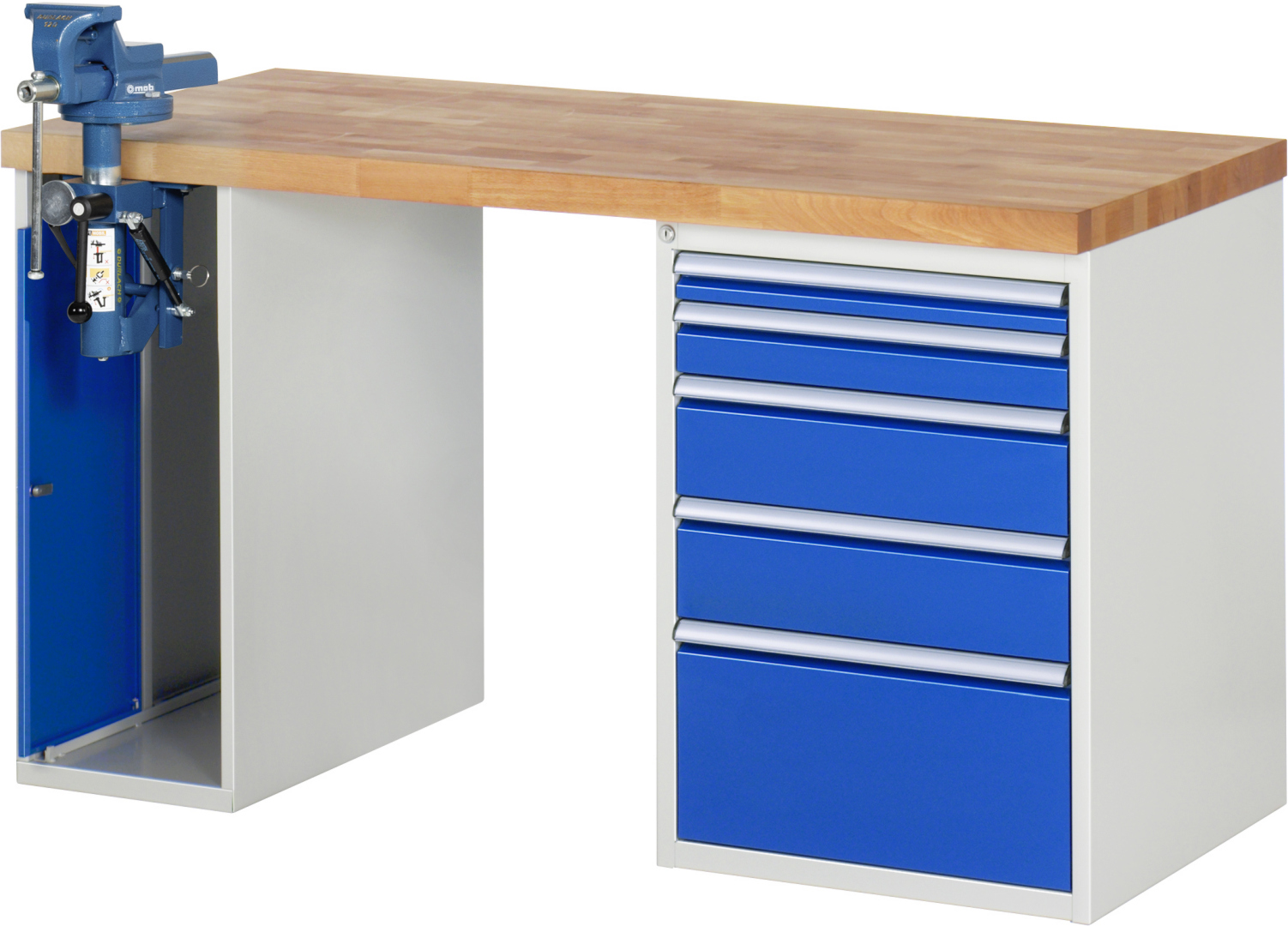 Werkbank Modell 7511 rot - schwarz, BxTxH 1500x700x840 mm,  Buche-Massiv Arbeitsplatte 40 mm,  5 Schubladen mit  Vollauszug 100 % und  SoftClosing