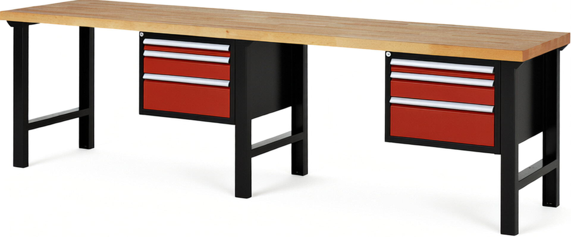 RAU Werkbank schwarz - rot - Breite 300 cm - Tiefe 70 cm - Höhe 84 cm - Buche-Massiv Arbeitsplatte 40 mm