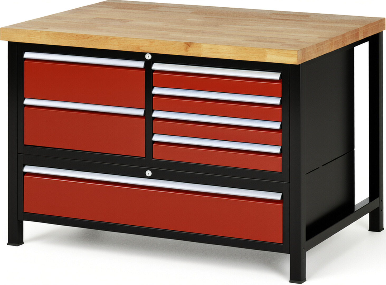 RAU Werkbank schwarz - rot - Breite 125 cm - Tiefe 90 cm - Höhe 104 cm - Buche-Massiv Arbeitsplatte 40 mm