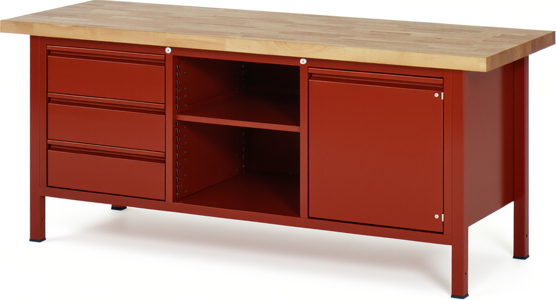 Werkbank rot, Breite 200 cm, Tiefe 70 cm, Höhe 104 cm, 3 Schublade(n), Platte: Buche-Massiv-Arbeitsplatte